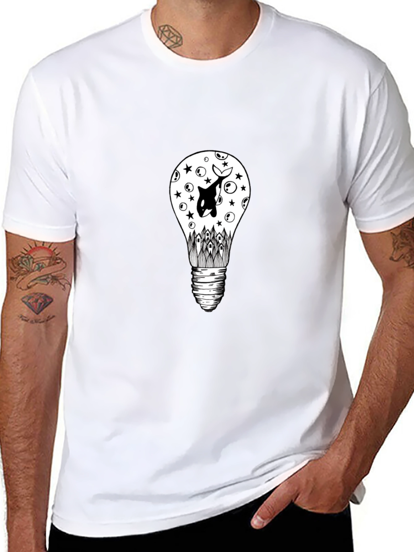 Black T-Shirt with Light Bulb & Orca Graphic