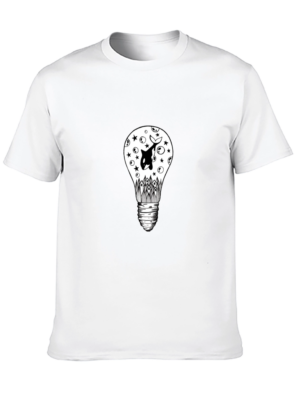 Black T-Shirt with Light Bulb & Orca Graphic