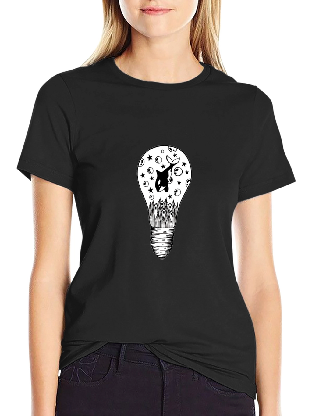 Black T-Shirt with Light Bulb & Orca Graphic