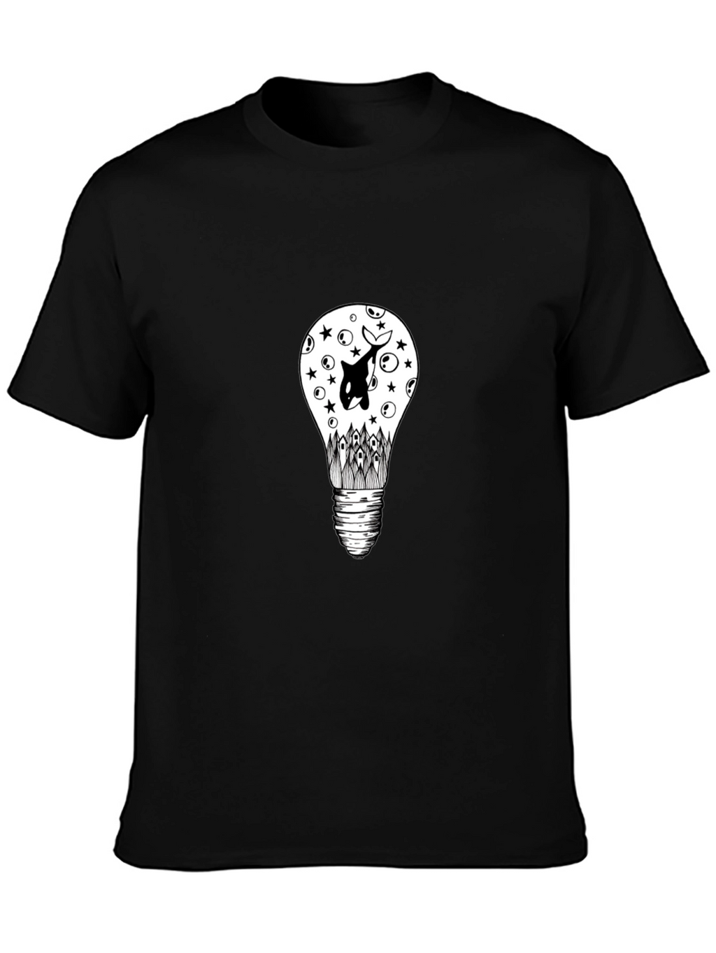 Black T-Shirt with Light Bulb & Orca Graphic