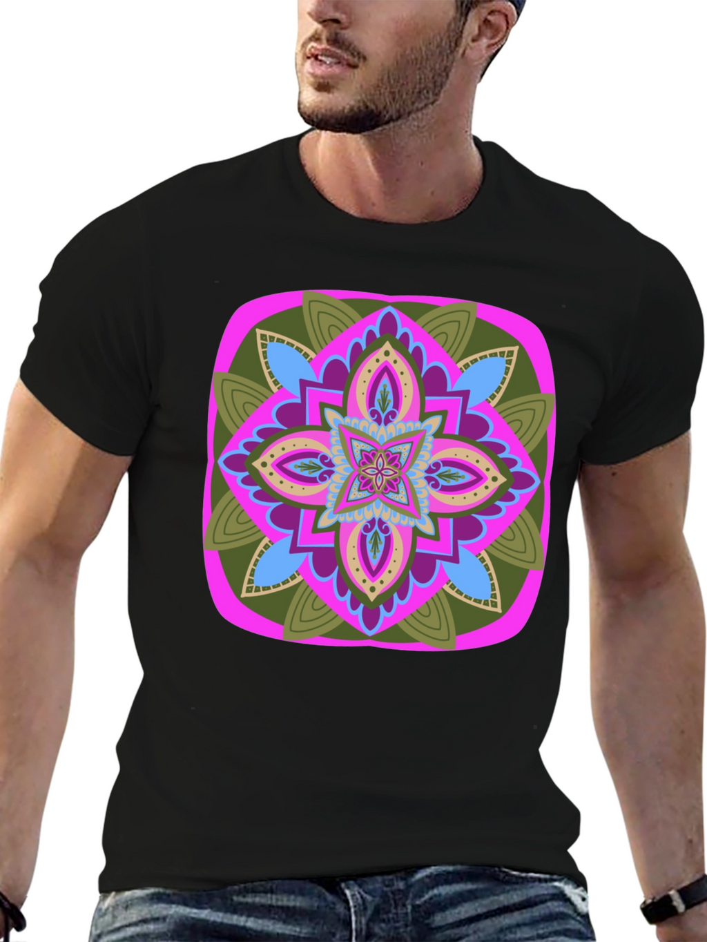 Geometric Mandala T-Shirt - Black Cotton Blend