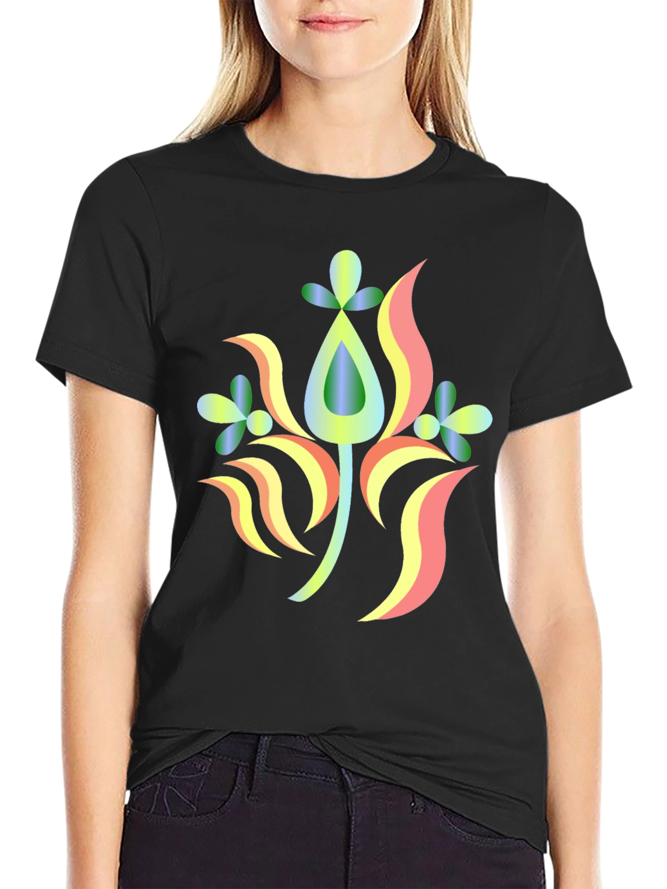 Abstract Floral Design Black T-Shirt