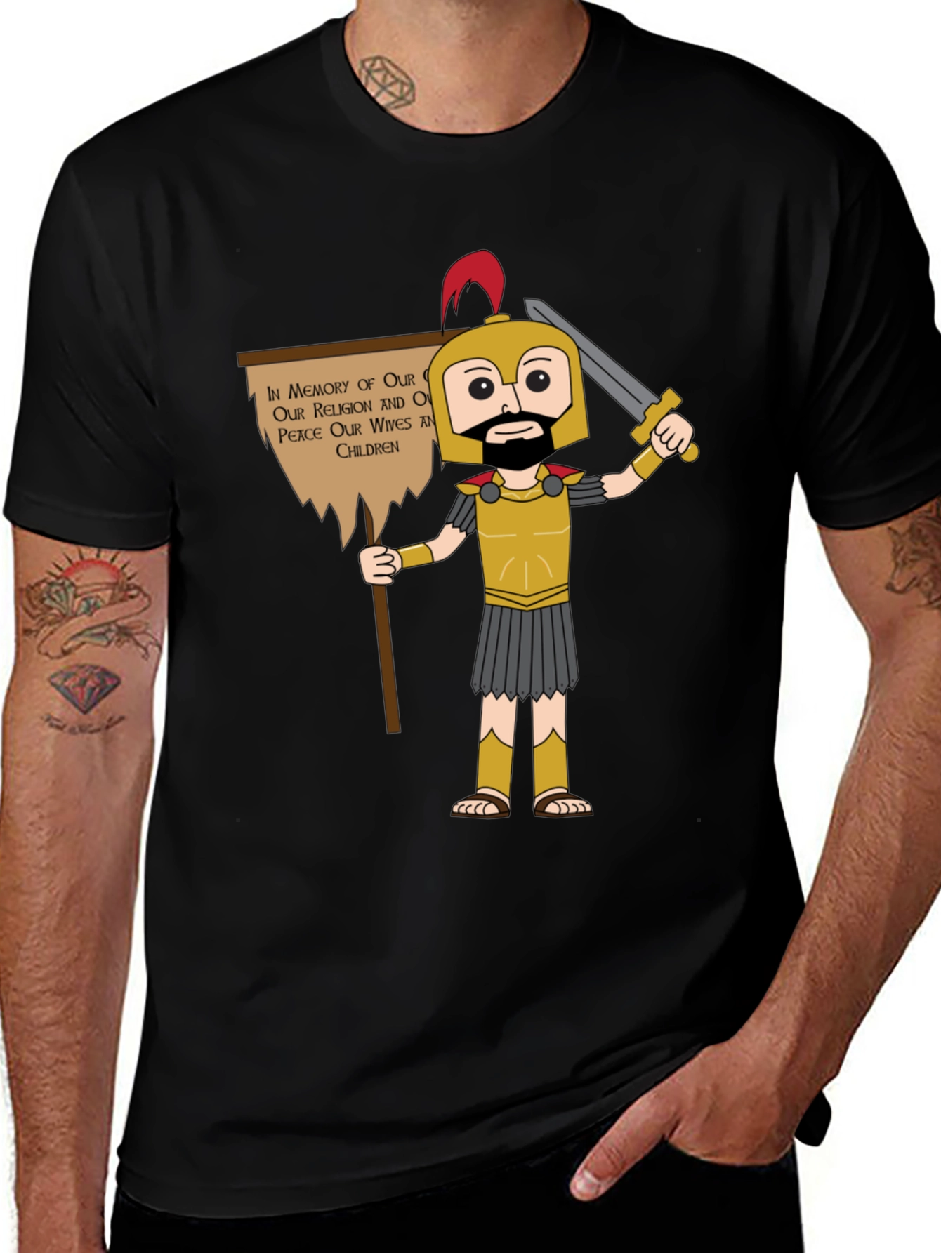 Spartan Cartoon Graphic T-Shirt - Honor & Peace