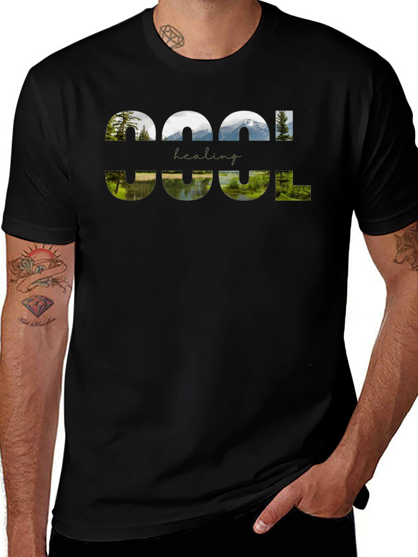 Cool Healing Nature Graphic Black T-Shirt