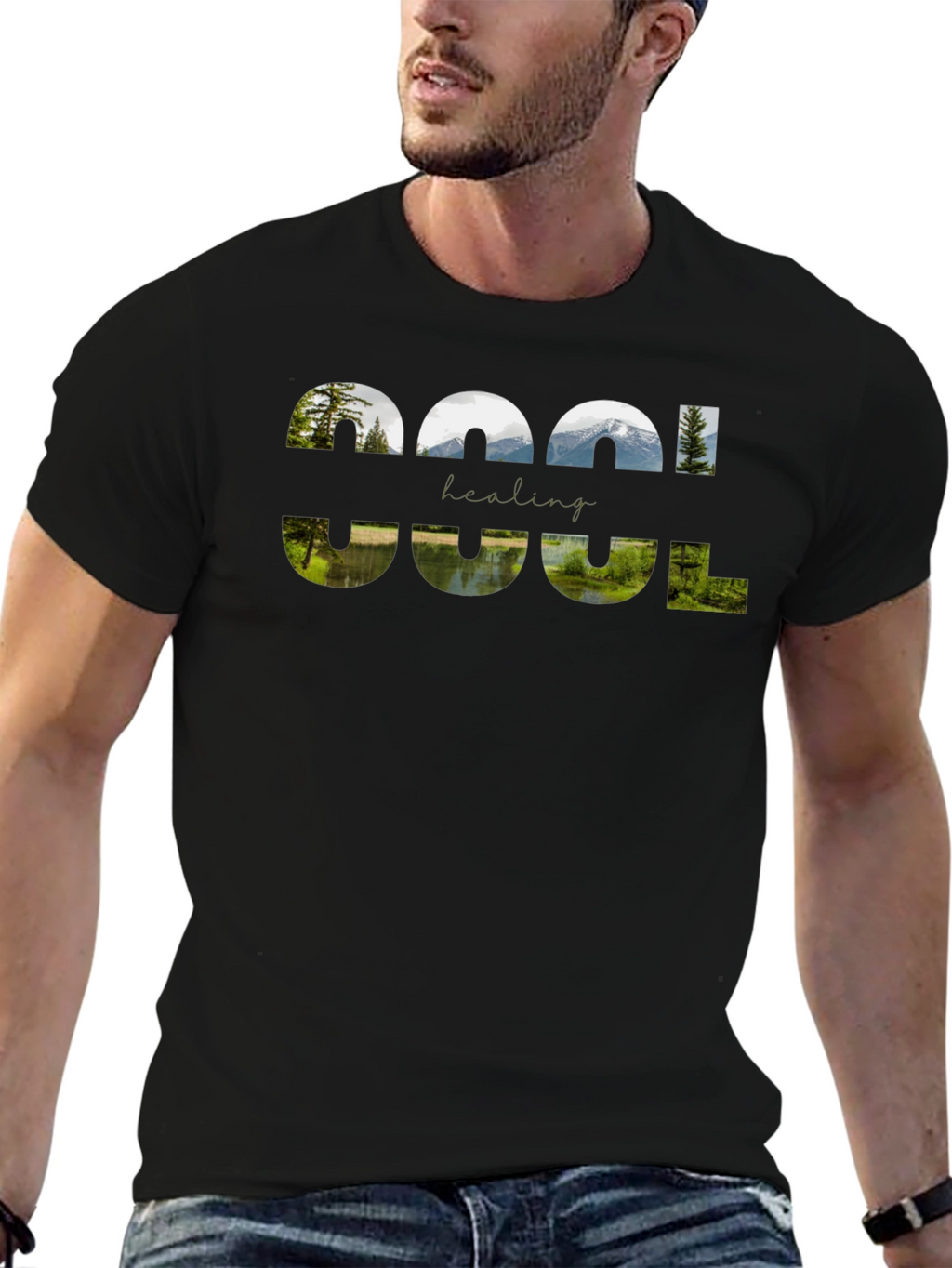 Cool Healing Nature Graphic Black T-Shirt