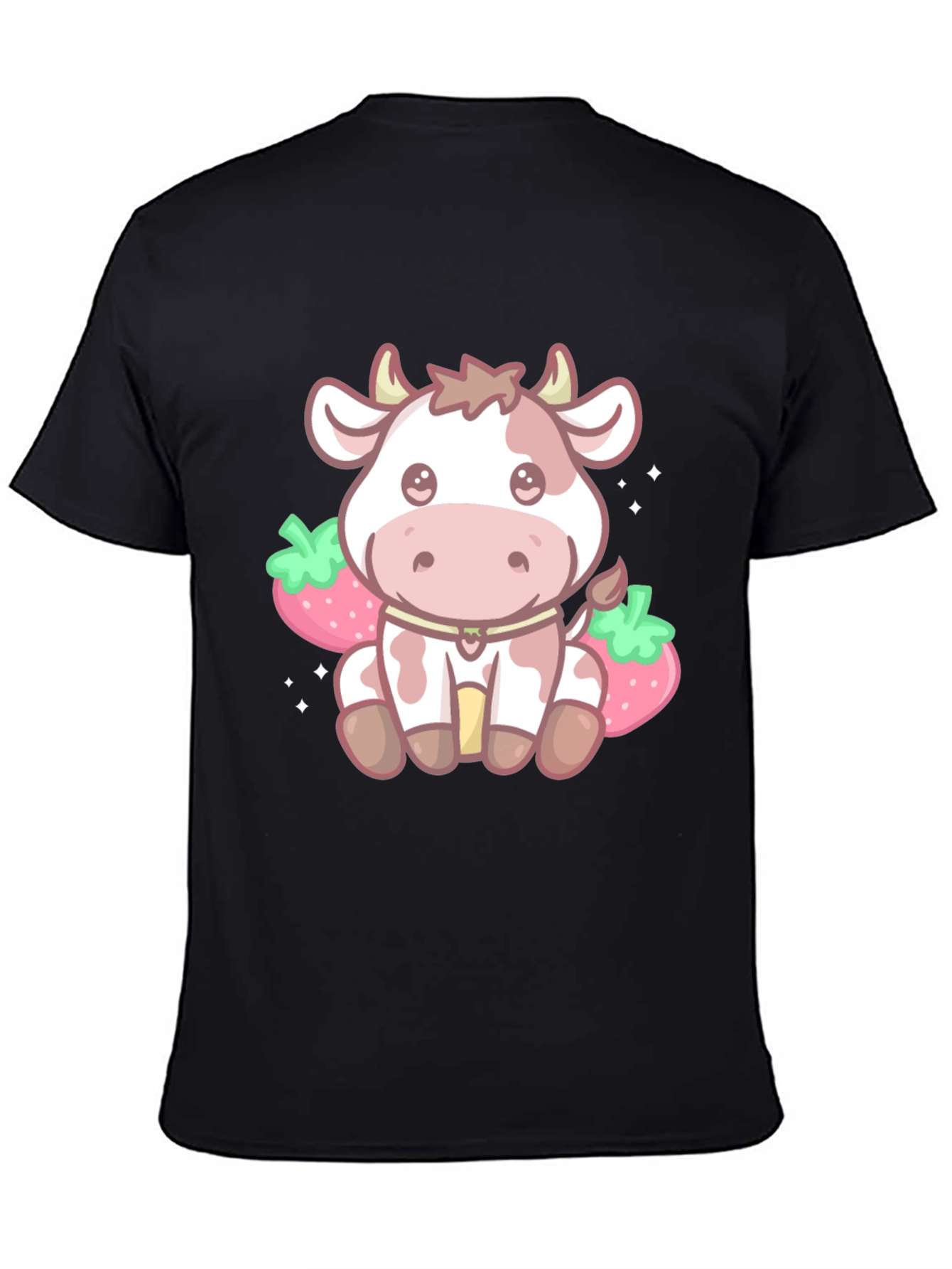 Kawaii Cow & Strawberry Graphic Tee - Black