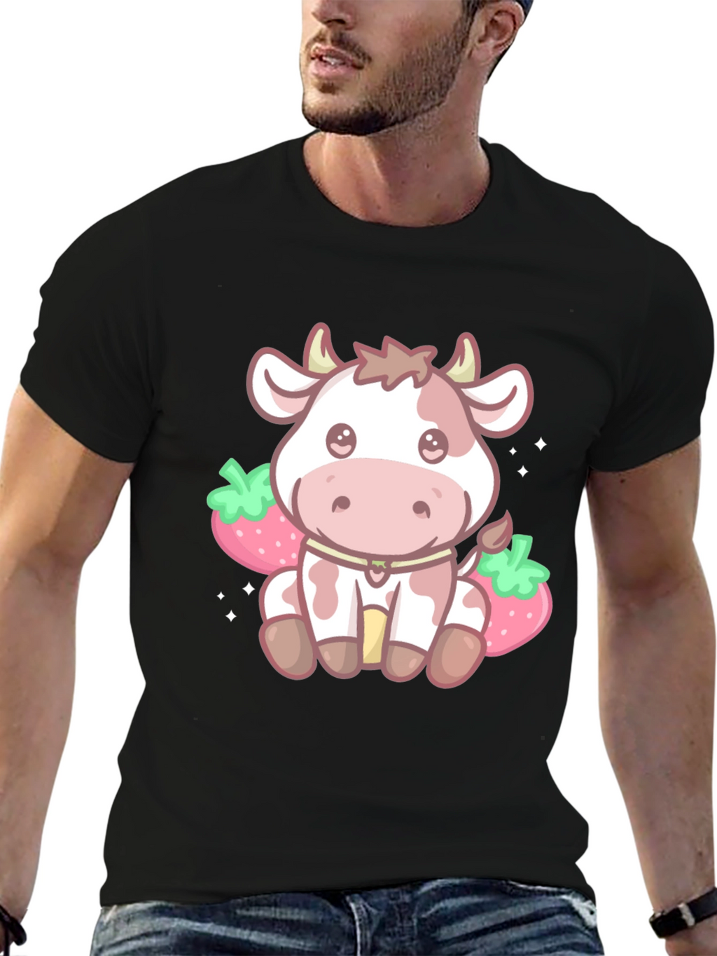 Kawaii Cow & Strawberry Graphic Tee - Black