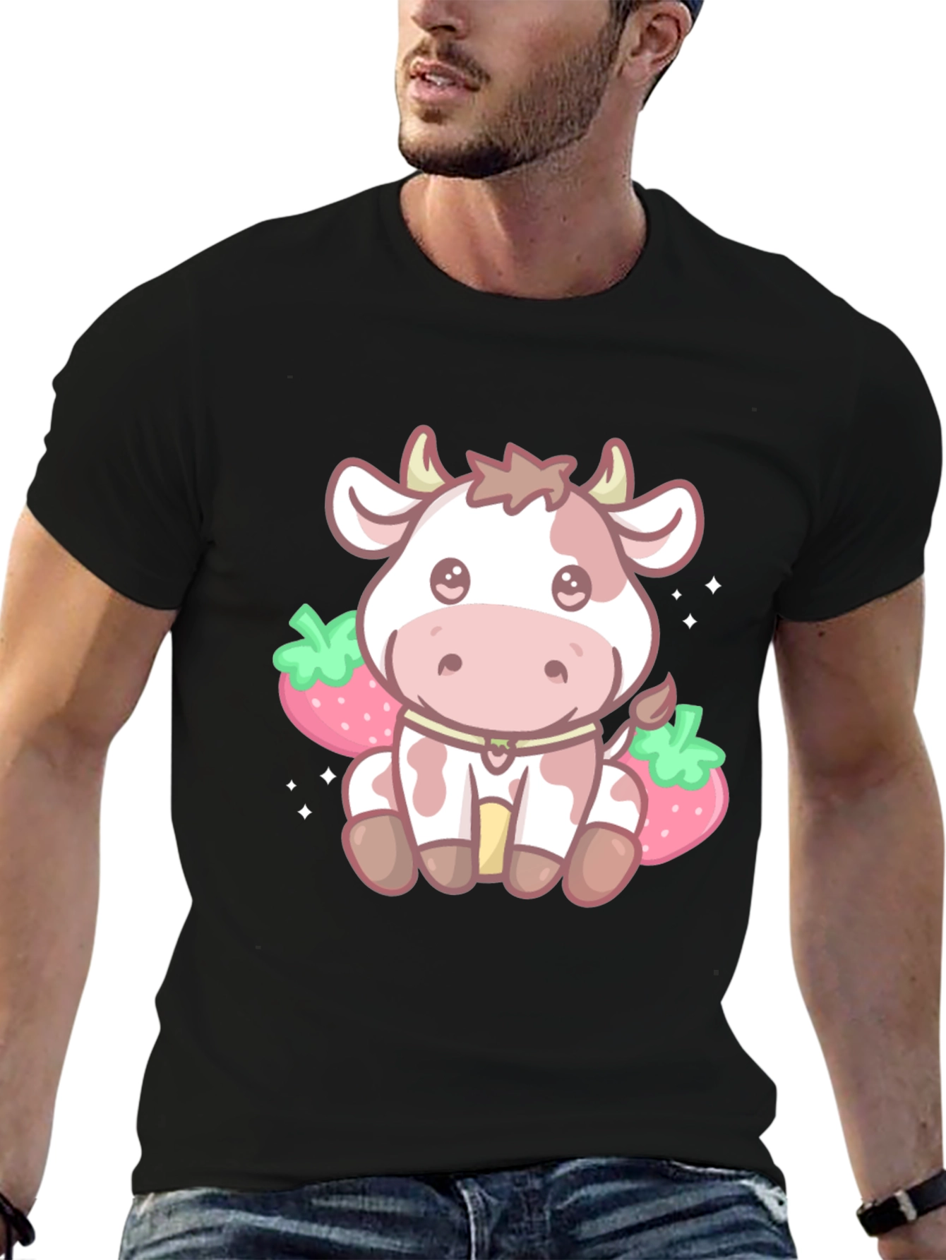 Kawaii Cow & Strawberry Graphic Tee - Black