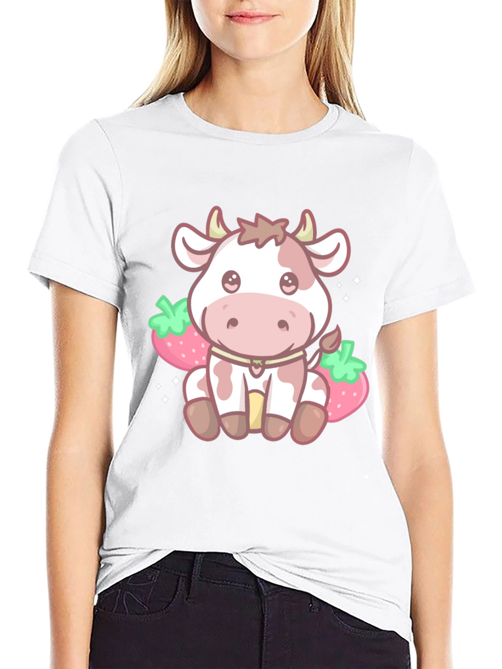 Kawaii Cow & Strawberry Graphic Tee - Black
