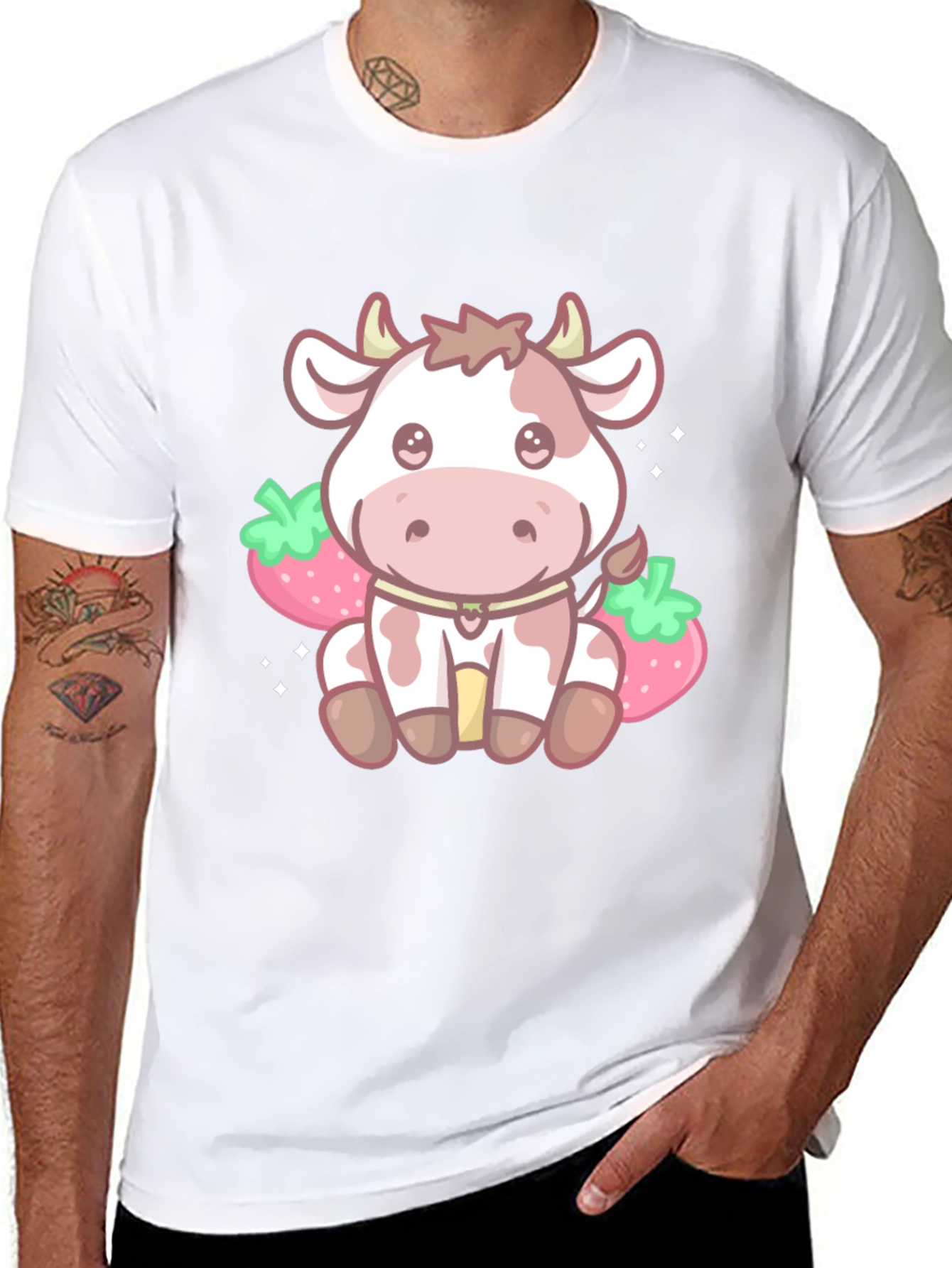 Kawaii Cow & Strawberry Graphic Tee - Black