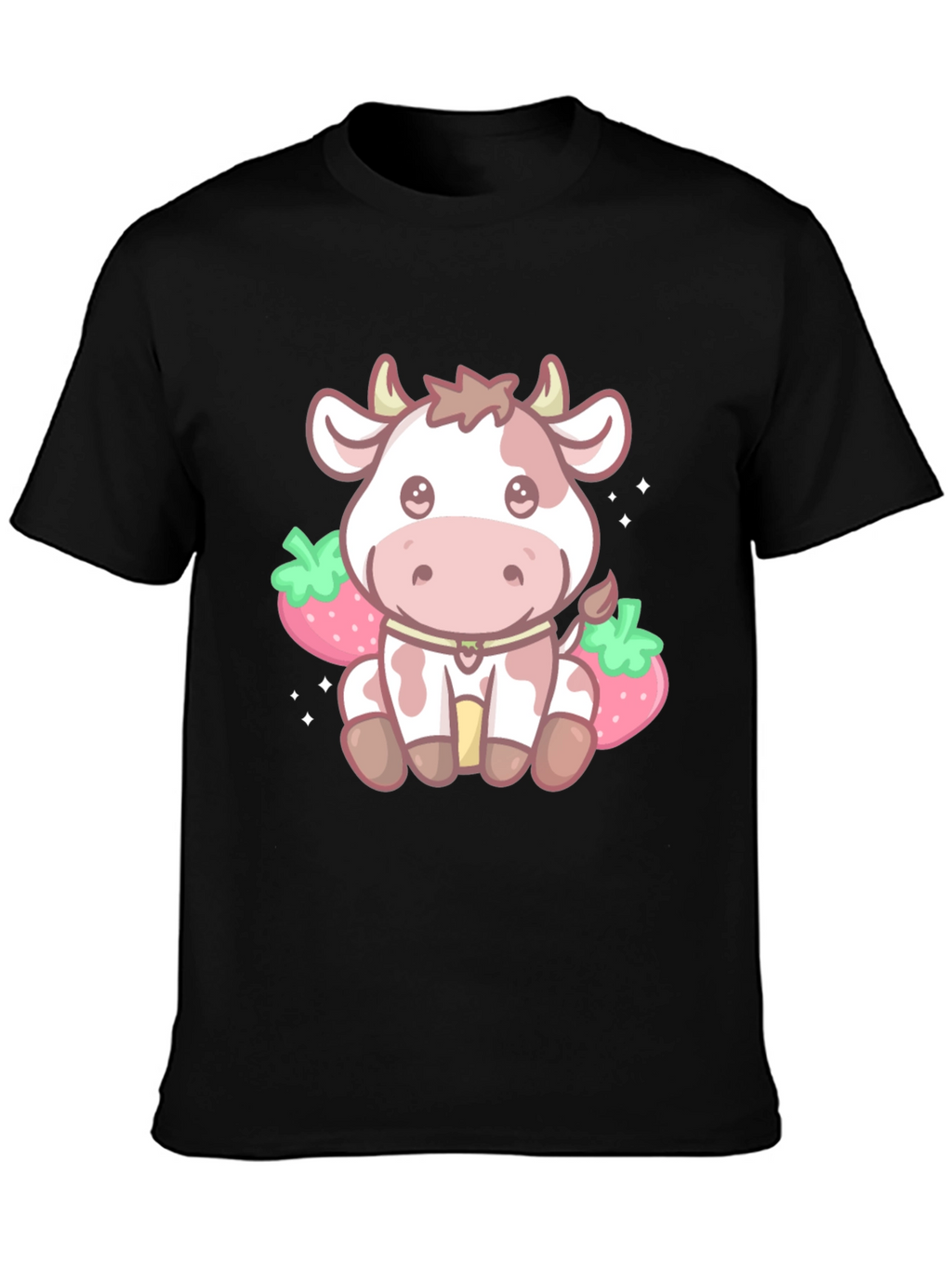 Kawaii Cow & Strawberry Graphic Tee - Black