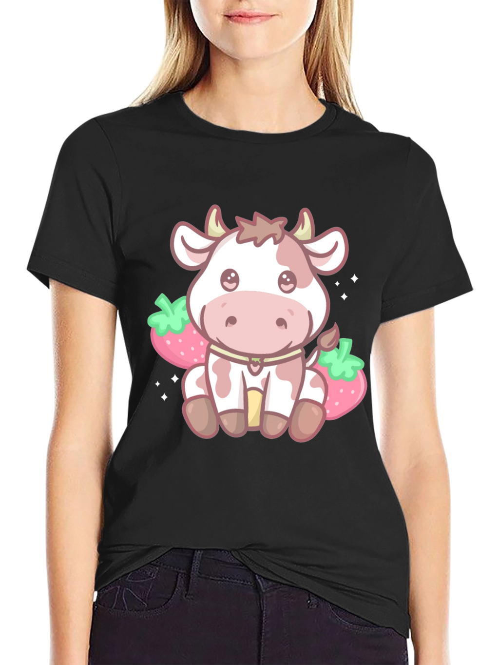 Kawaii Cow & Strawberry Graphic Tee - Black