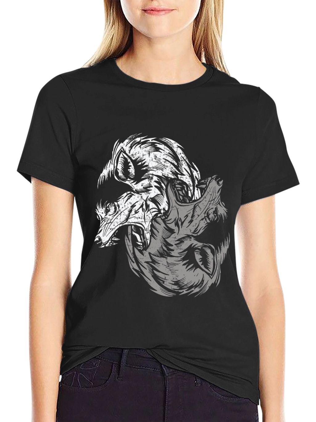 Yin Yang Wolves Graphic Black T-Shirt
