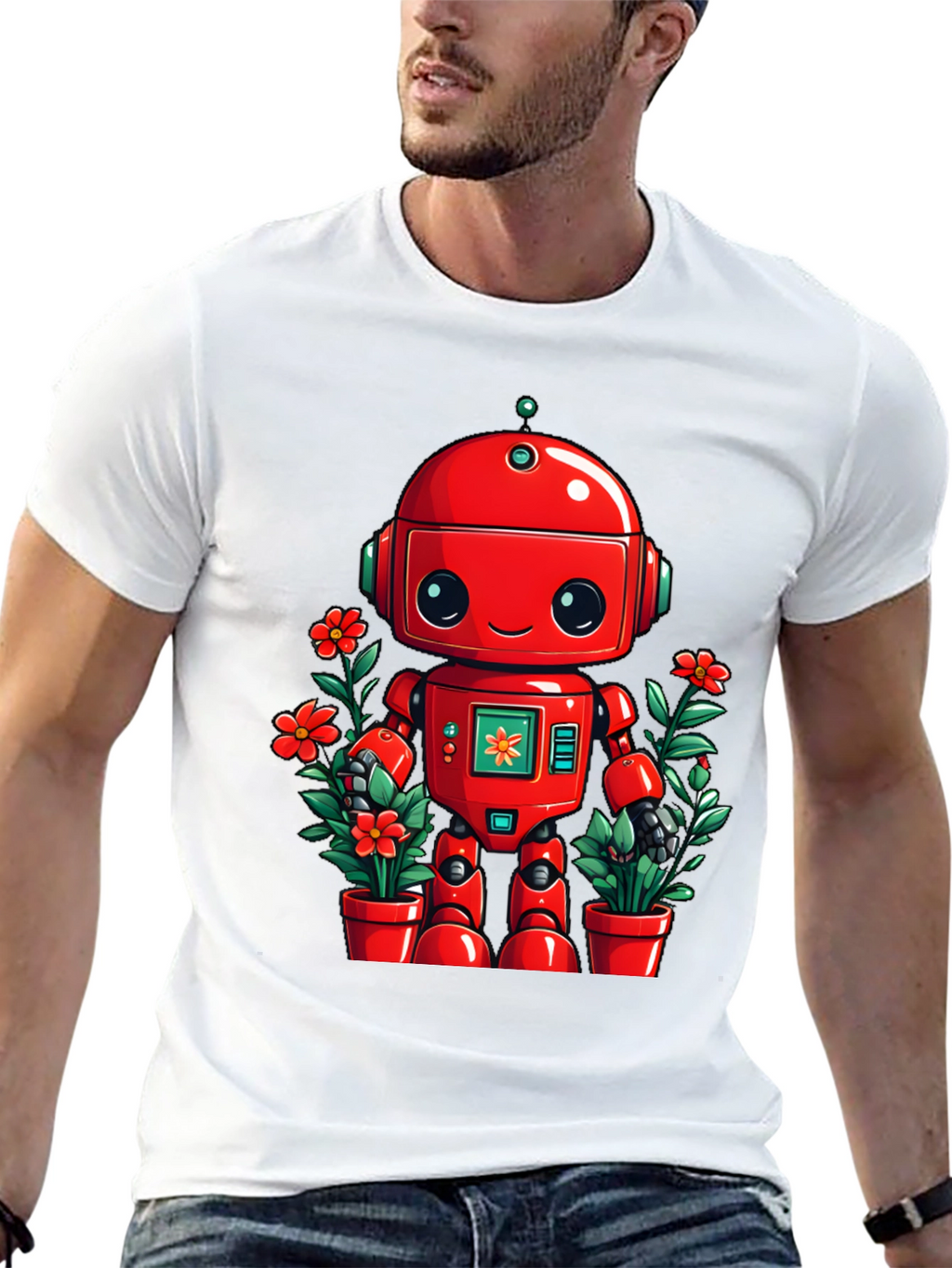 Robot & Flowers Graphic Tee - Black Cotton Shirt