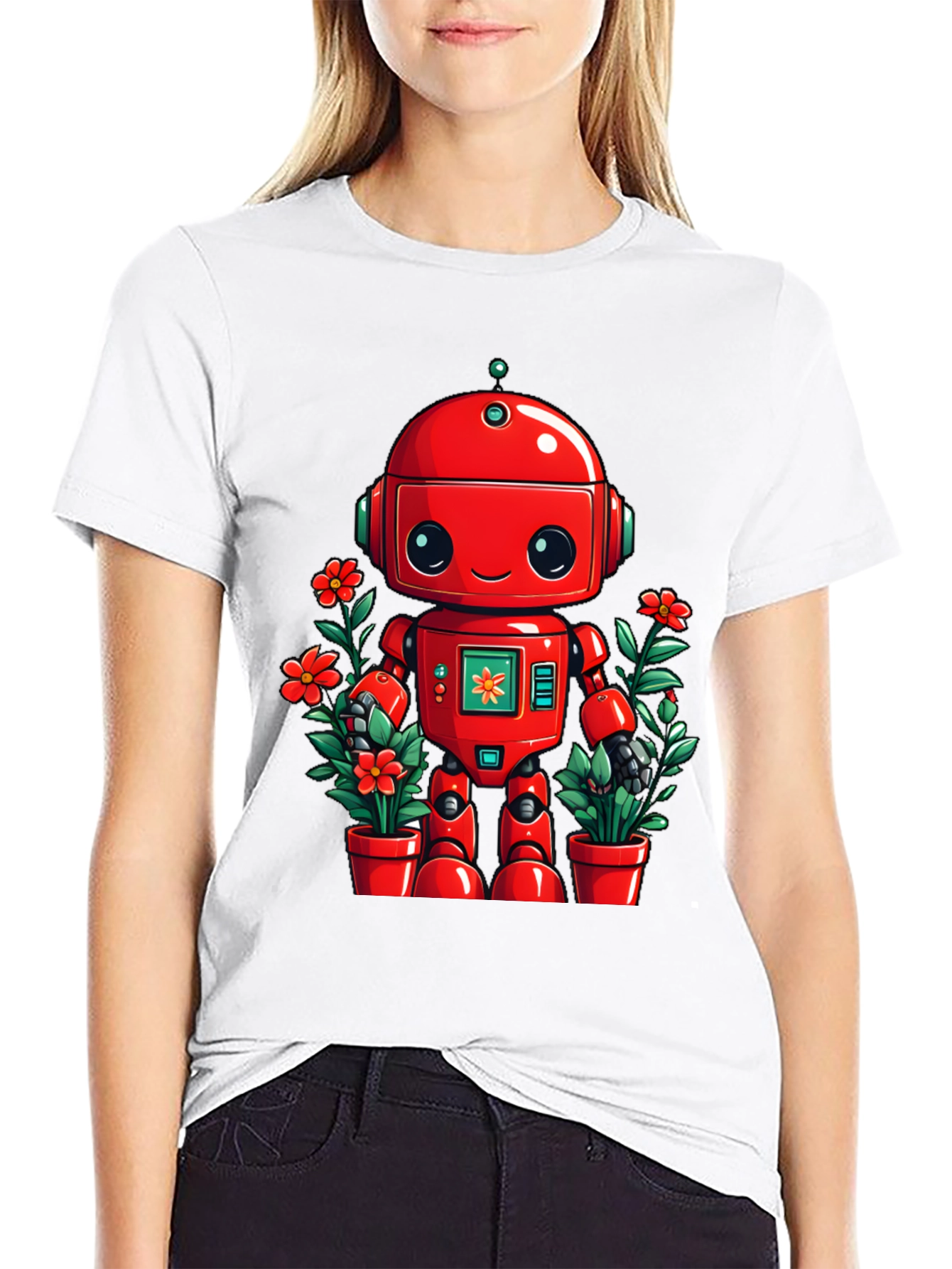 Robot & Flowers Graphic Tee - Black Cotton Shirt