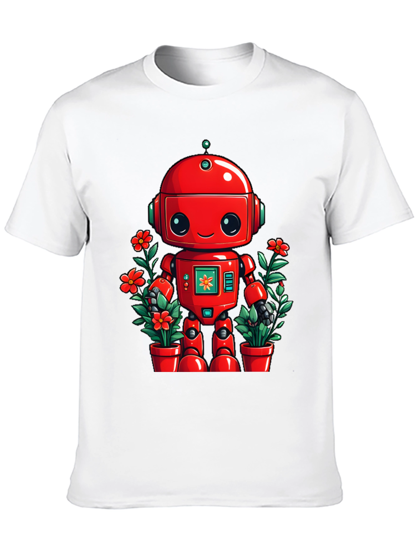 Robot & Flowers Graphic Tee - Black Cotton Shirt