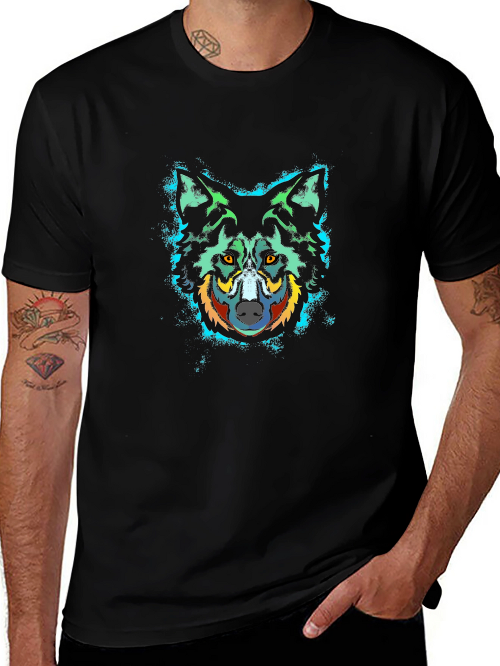 Wolf Graphic Print Crew Neck Black T-Shirt