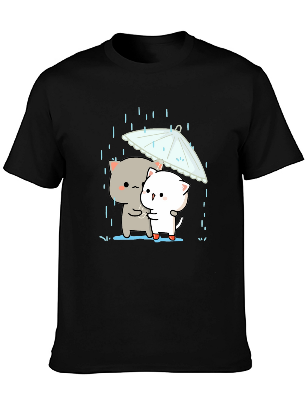 Cute Cats Under Umbrella Graphic Tee - Black