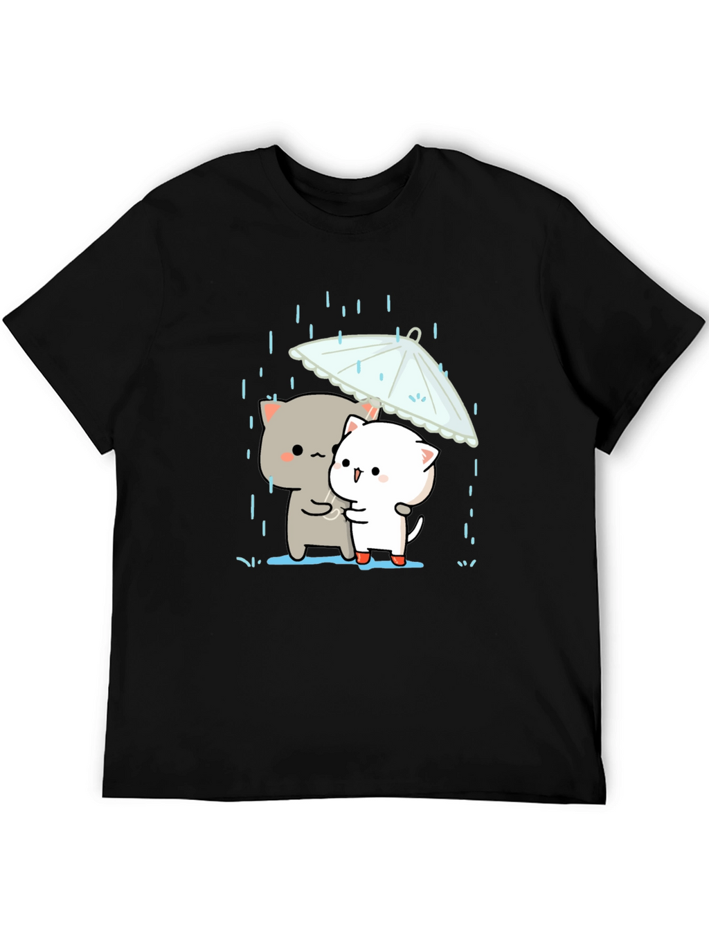 Cute Cats Under Umbrella Graphic Tee - Black