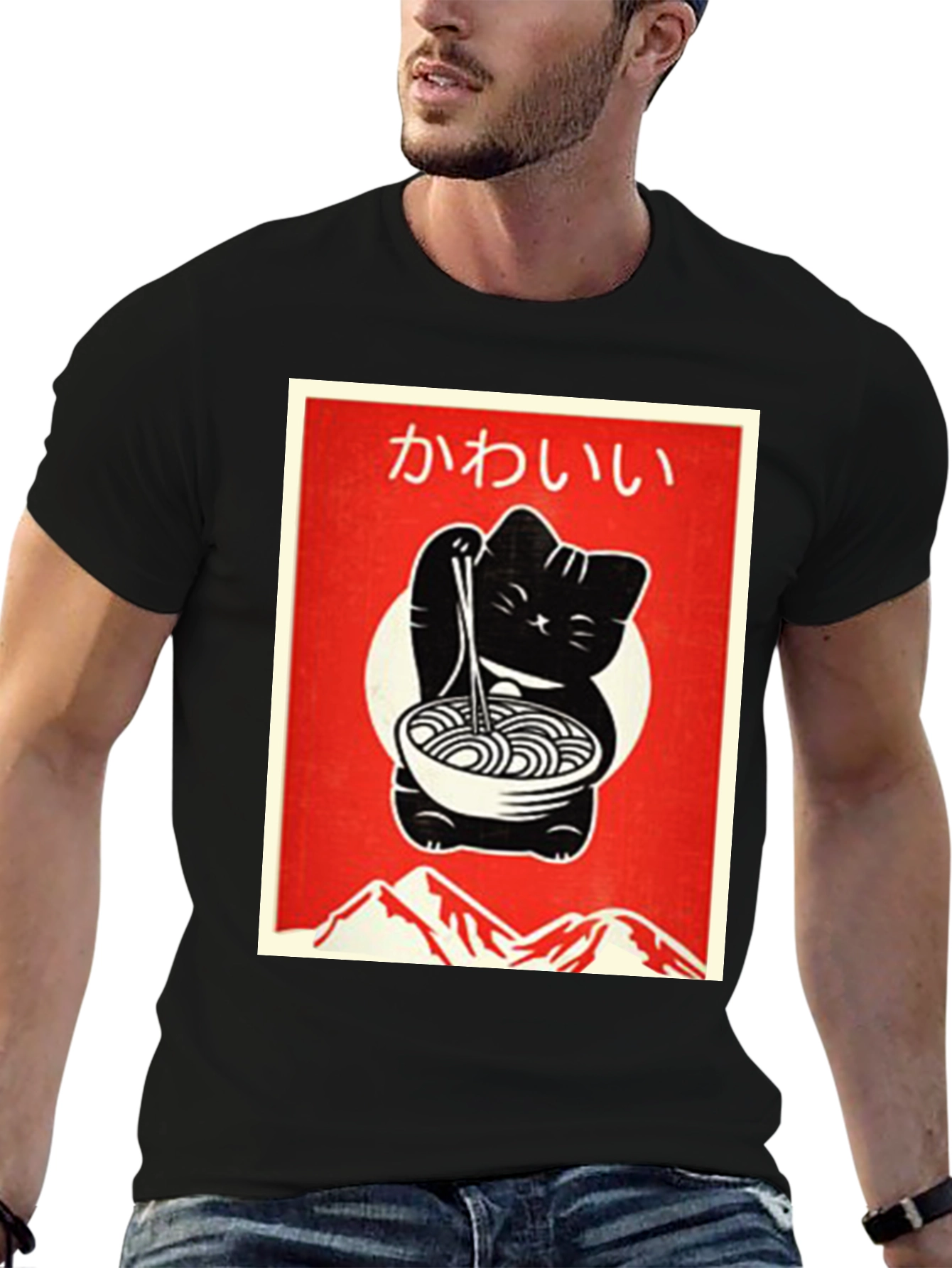 Kawaii Cat Ramen T-Shirt - Black Cute Design