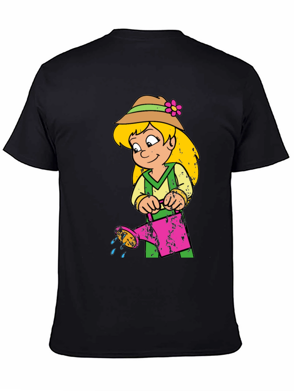 Cartoon Girl with Watering Can Black T-Shirt