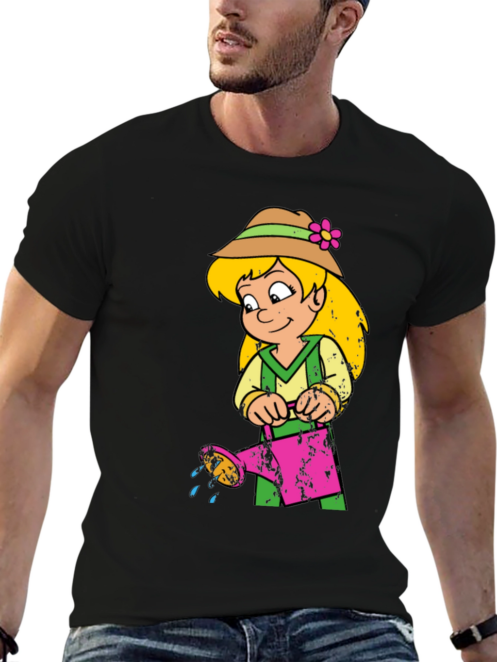 Cartoon Girl with Watering Can Black T-Shirt