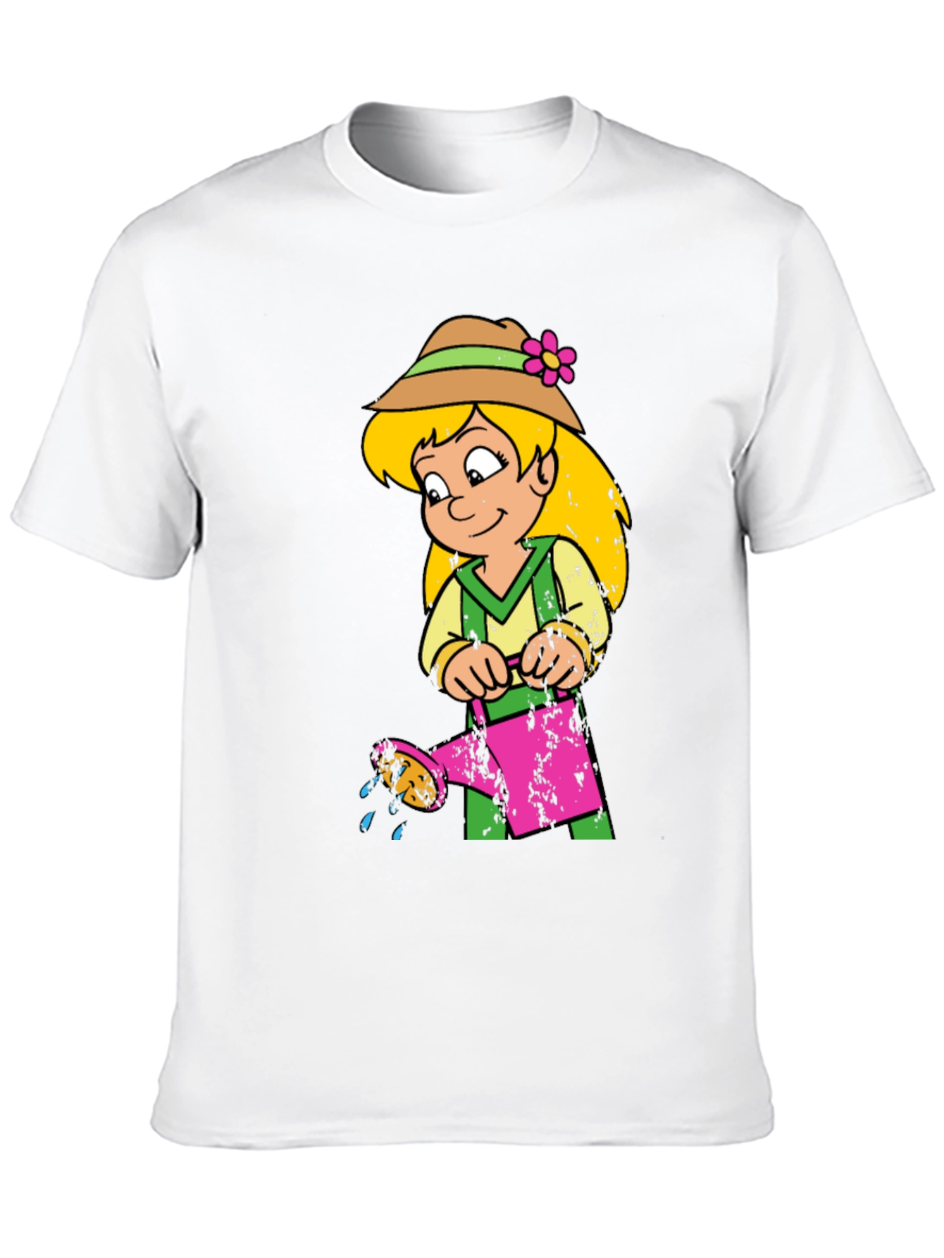 Cartoon Girl with Watering Can Black T-Shirt