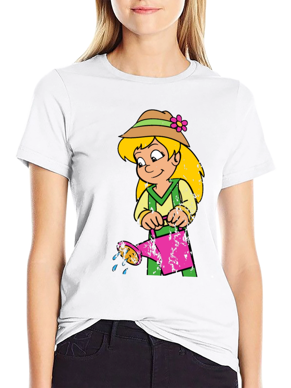 Cartoon Girl with Watering Can Black T-Shirt