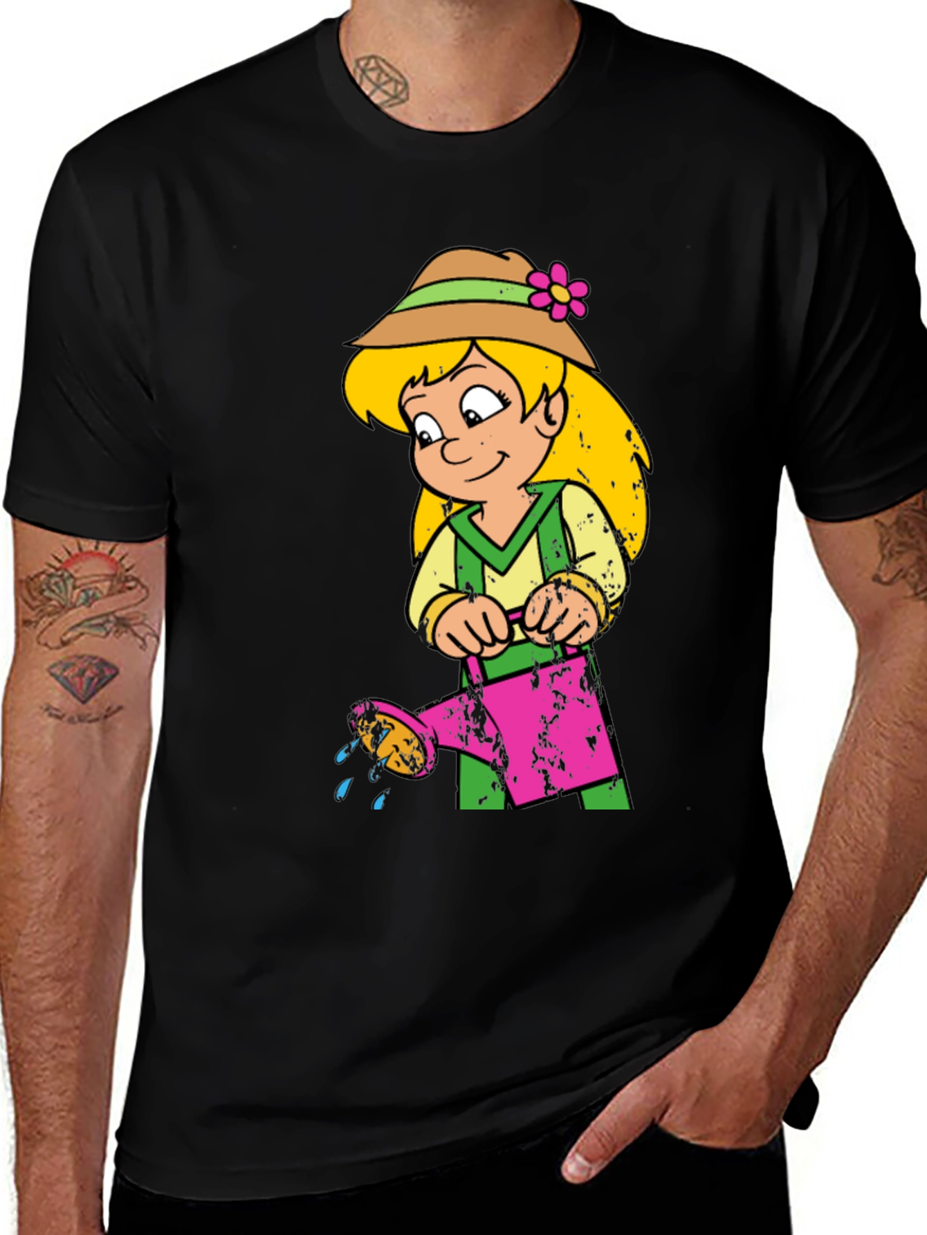 Cartoon Girl with Watering Can Black T-Shirt