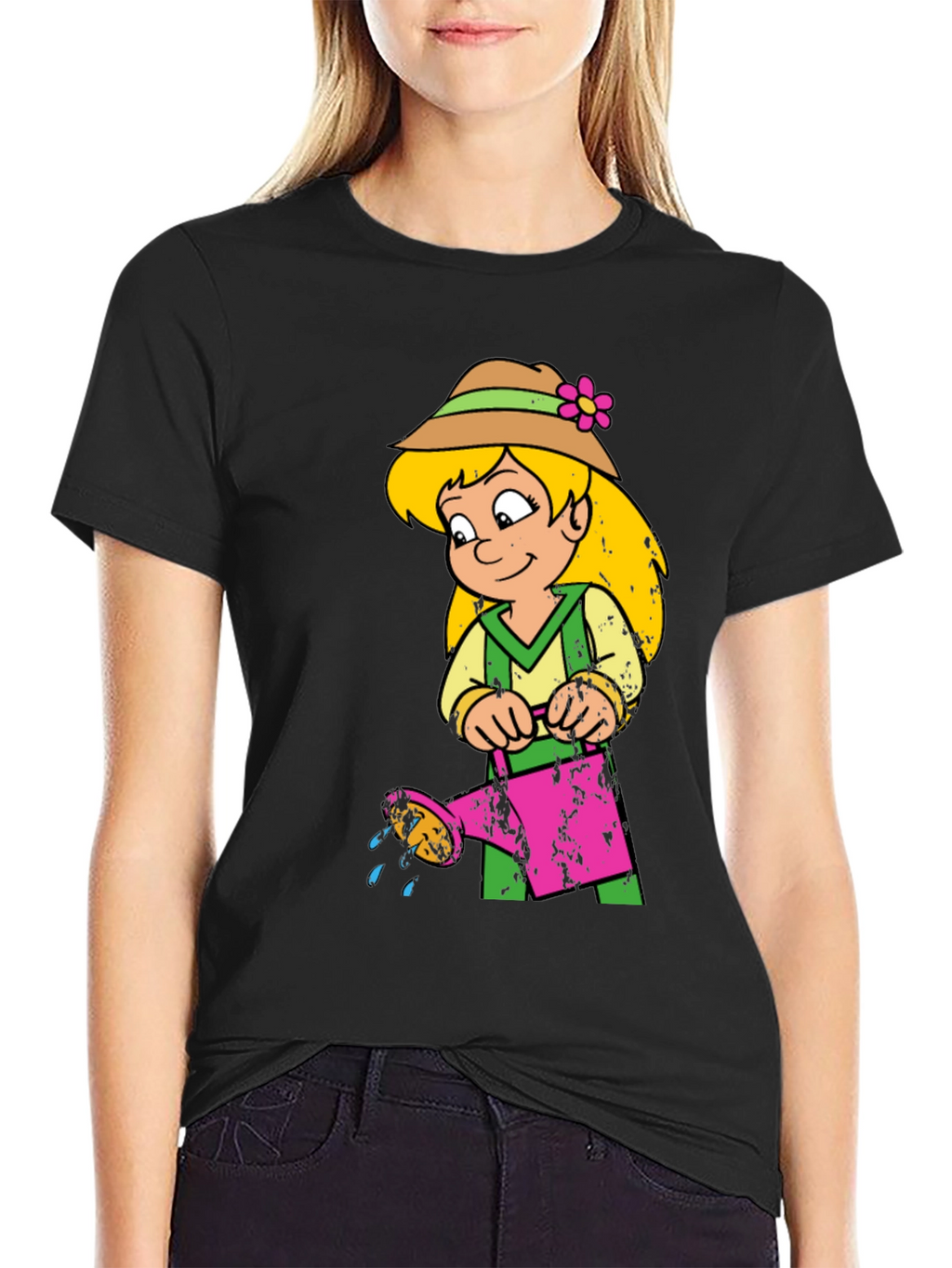 Cartoon Girl with Watering Can Black T-Shirt