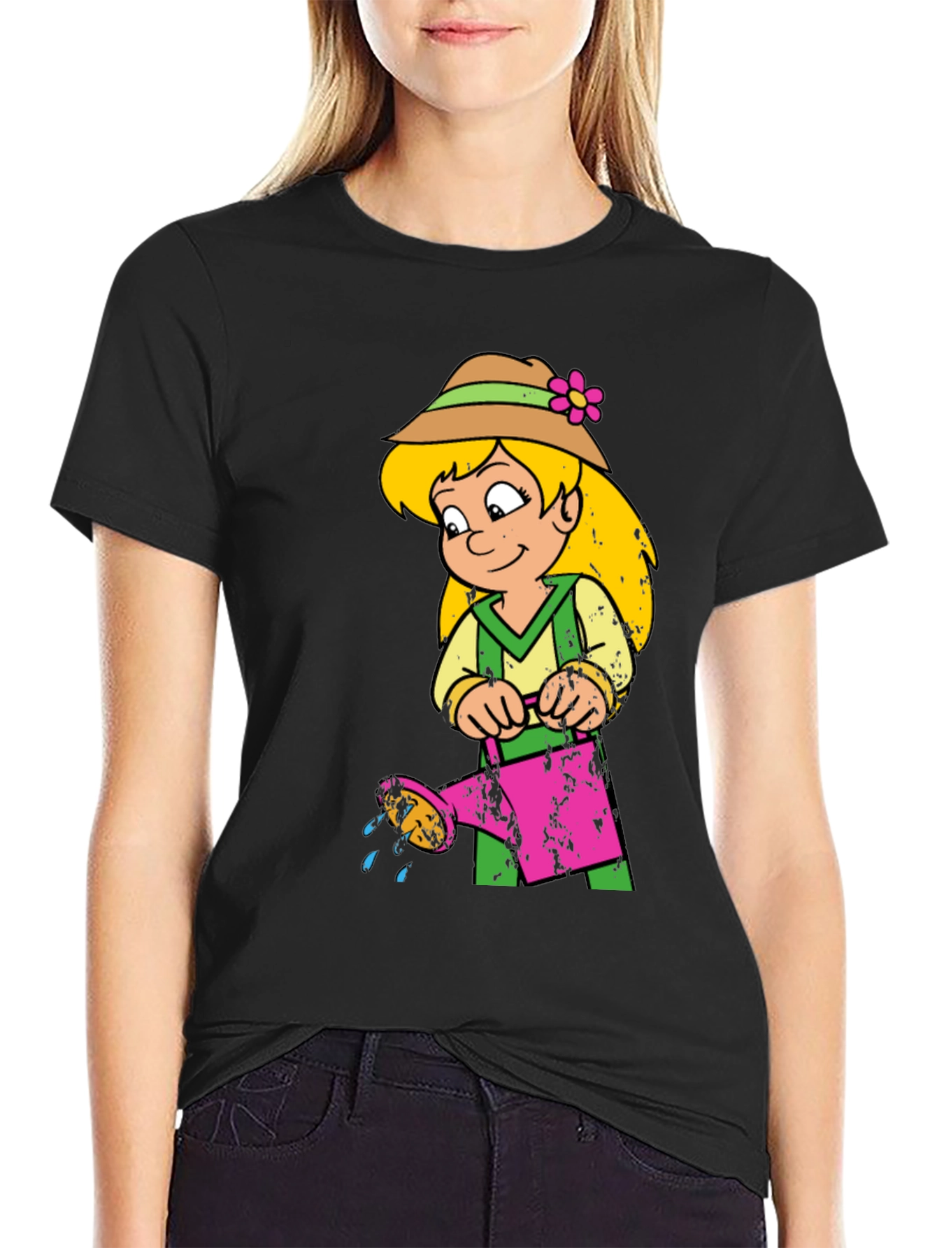 Cartoon Girl with Watering Can Black T-Shirt