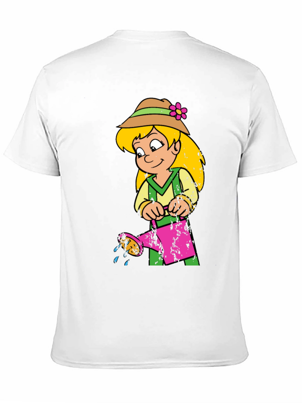 Cartoon Girl with Watering Can Black T-Shirt