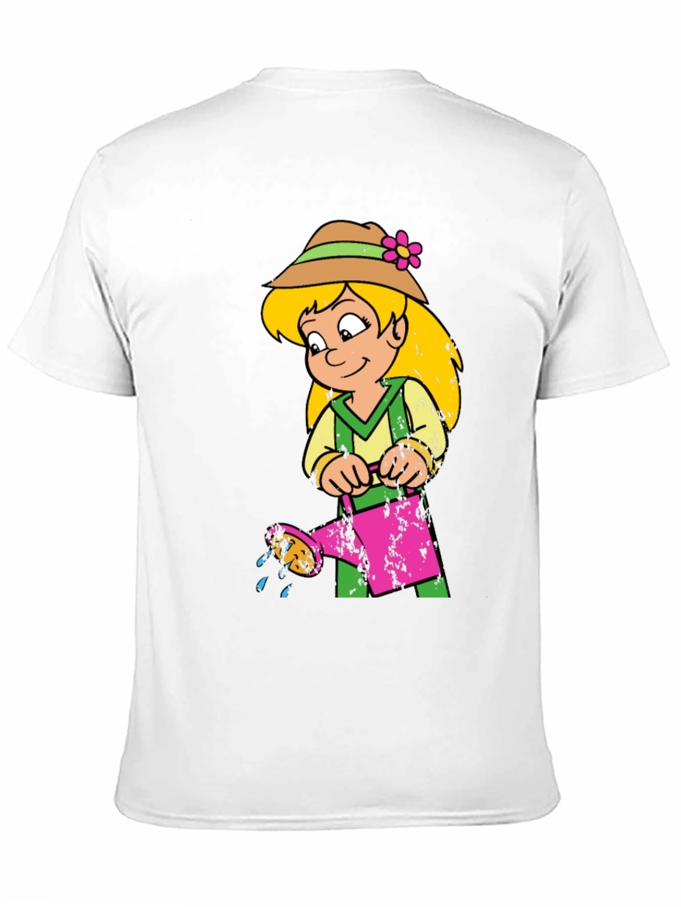 Cartoon Girl with Watering Can Black T-Shirt