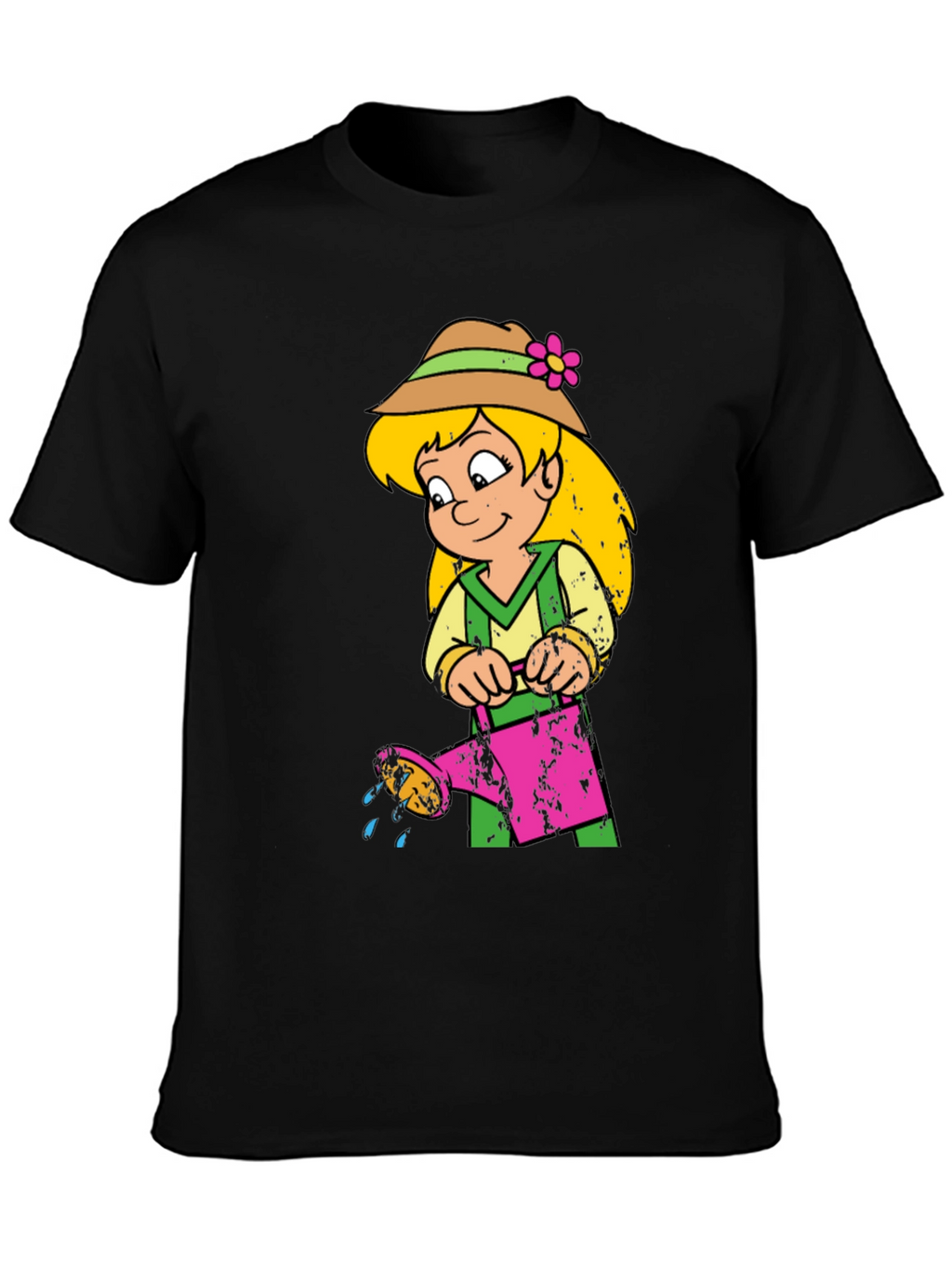Cartoon Girl with Watering Can Black T-Shirt
