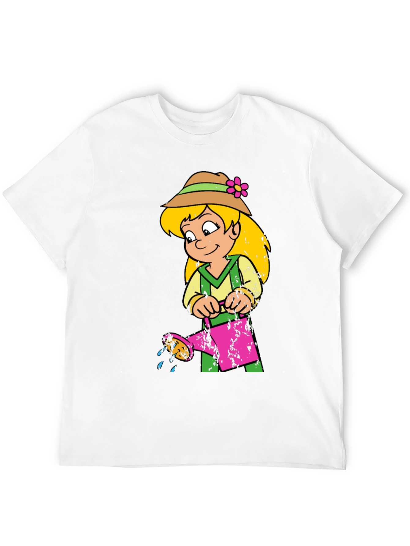 Cartoon Girl with Watering Can Black T-Shirt