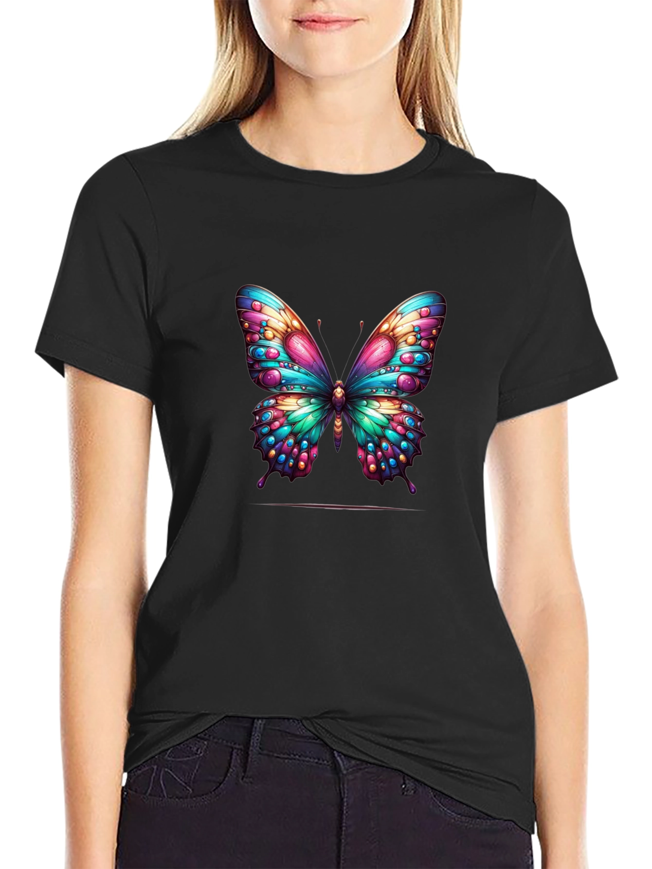 Colorful Butterfly Graphic Tee - Stylish Black Shirt