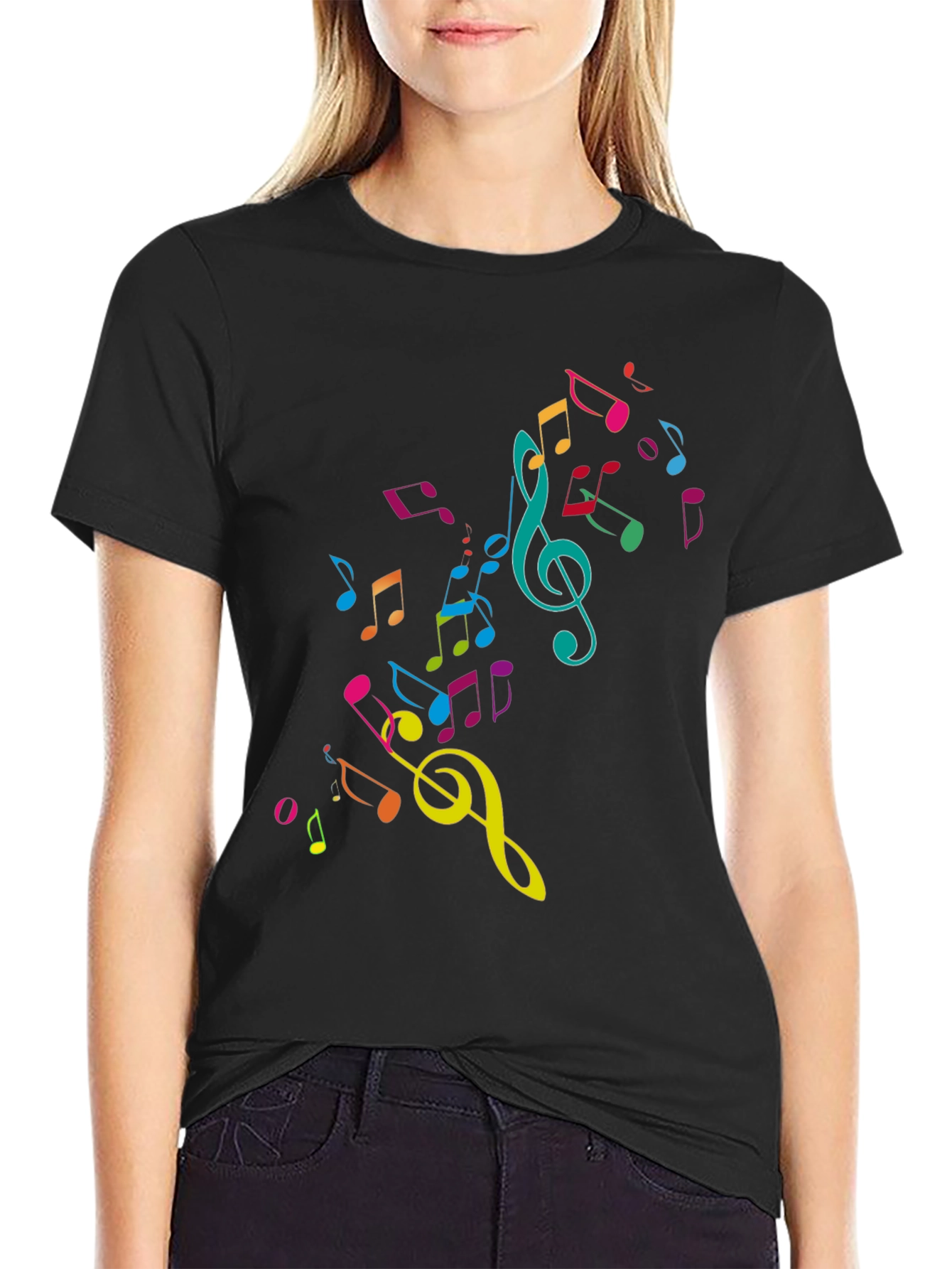Music Notes Graphic Tee - Black Cotton T-Shirt