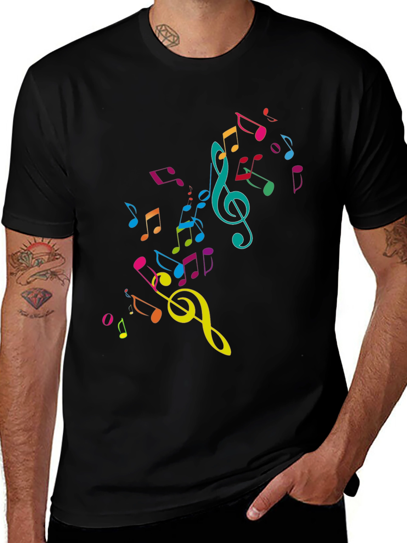 Music Notes Graphic Tee - Black Cotton T-Shirt