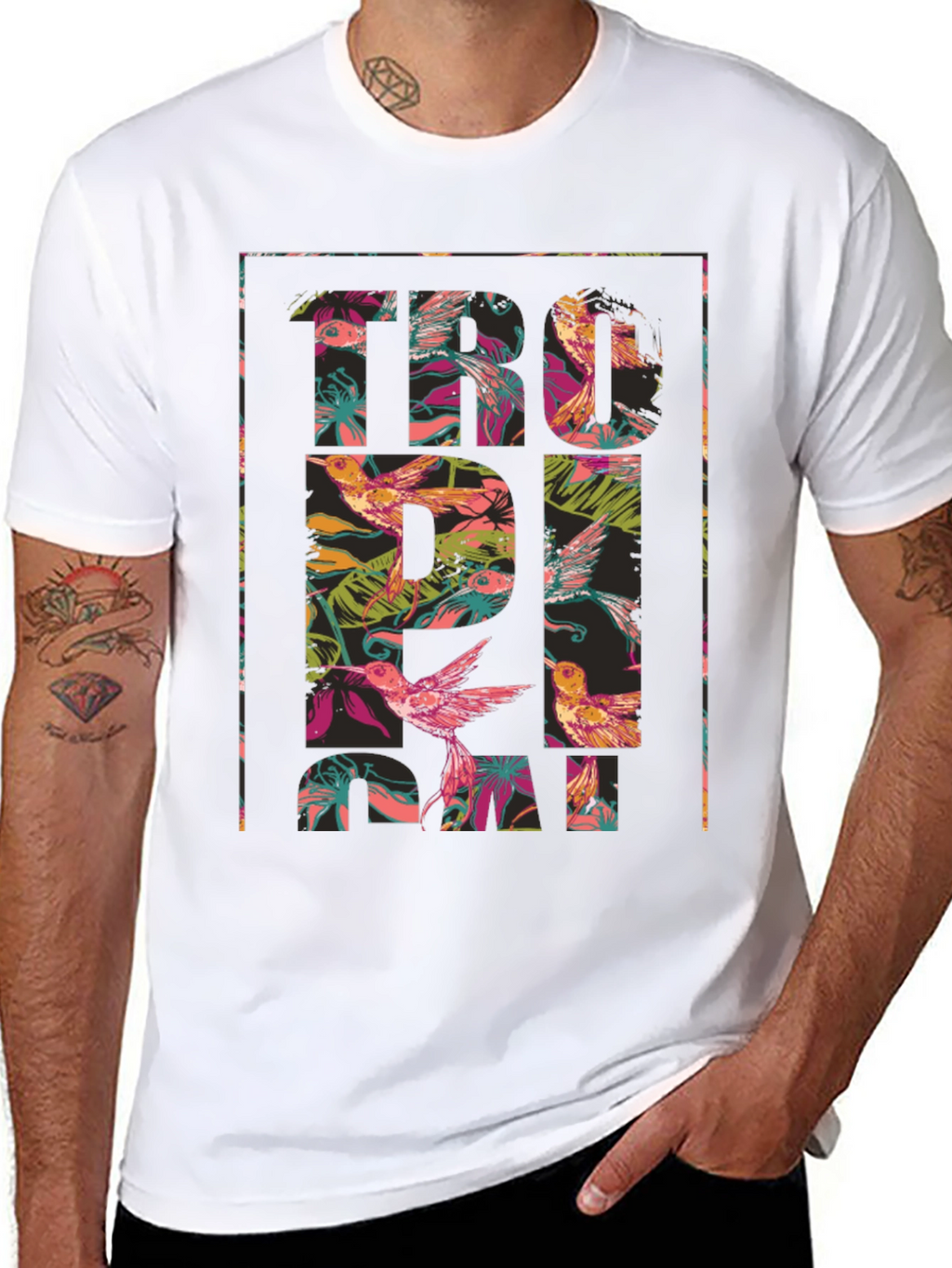 Tropical Floral Hummingbird Graphic T-Shirt
