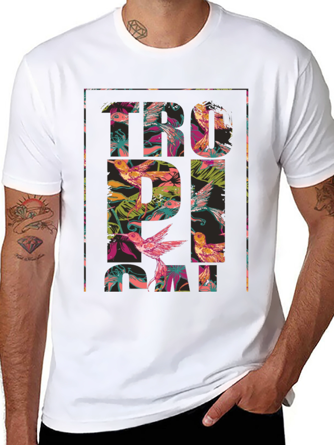 Tropical Floral Hummingbird Graphic T-Shirt