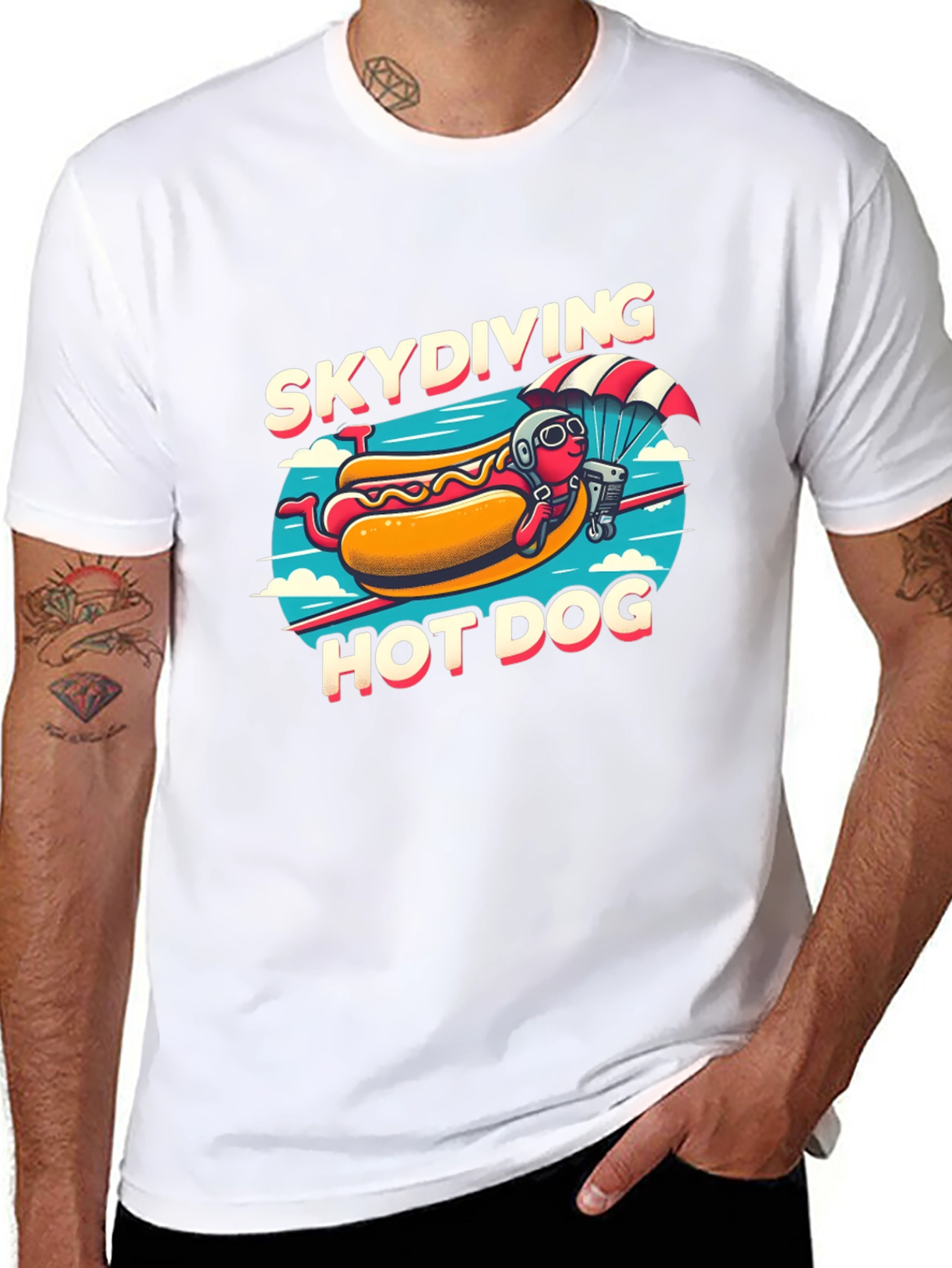 Skydiving Hot Dog T-Shirt - Funny Cartoon Tee