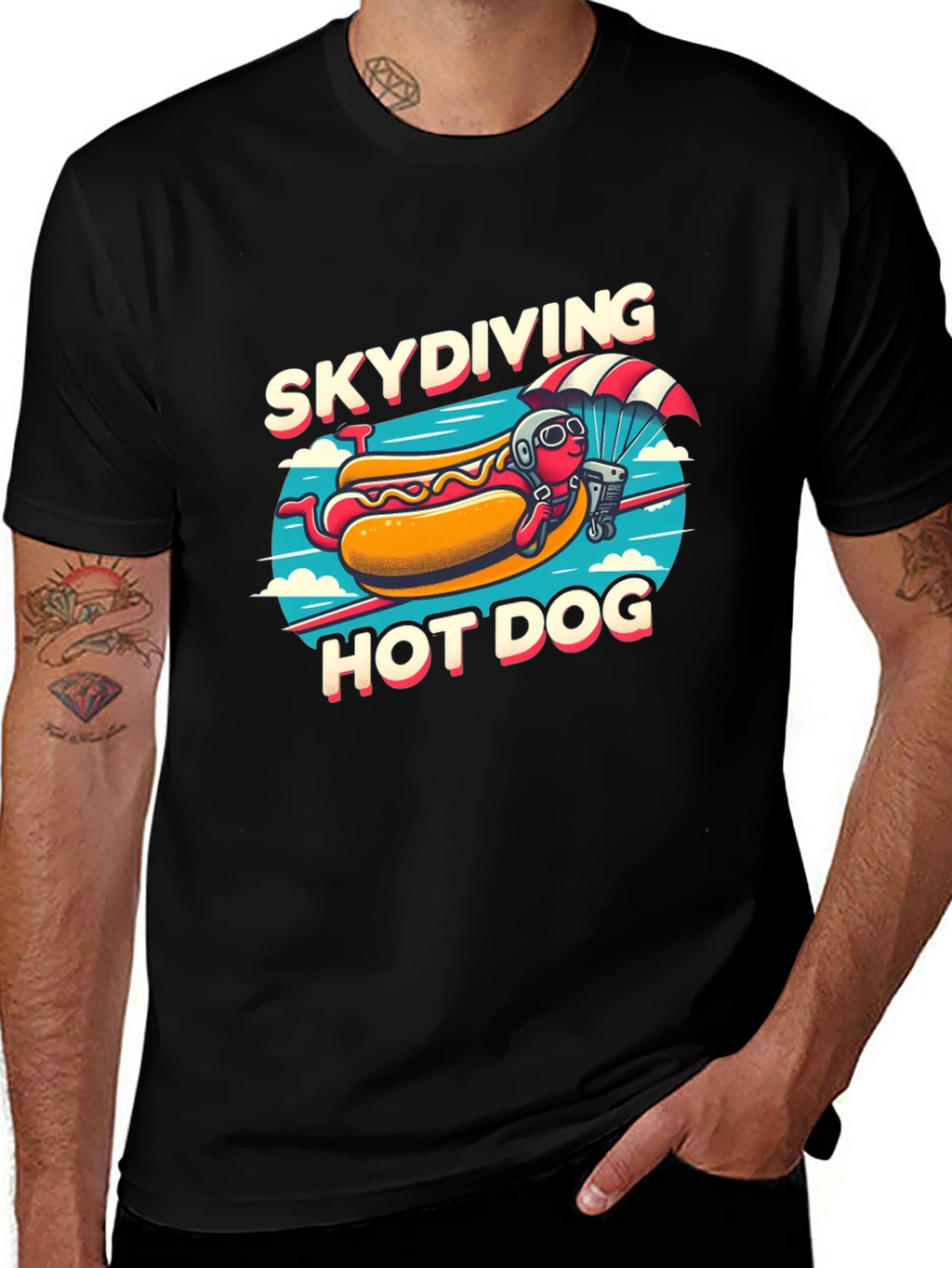 Skydiving Hot Dog T-Shirt - Funny Cartoon Tee