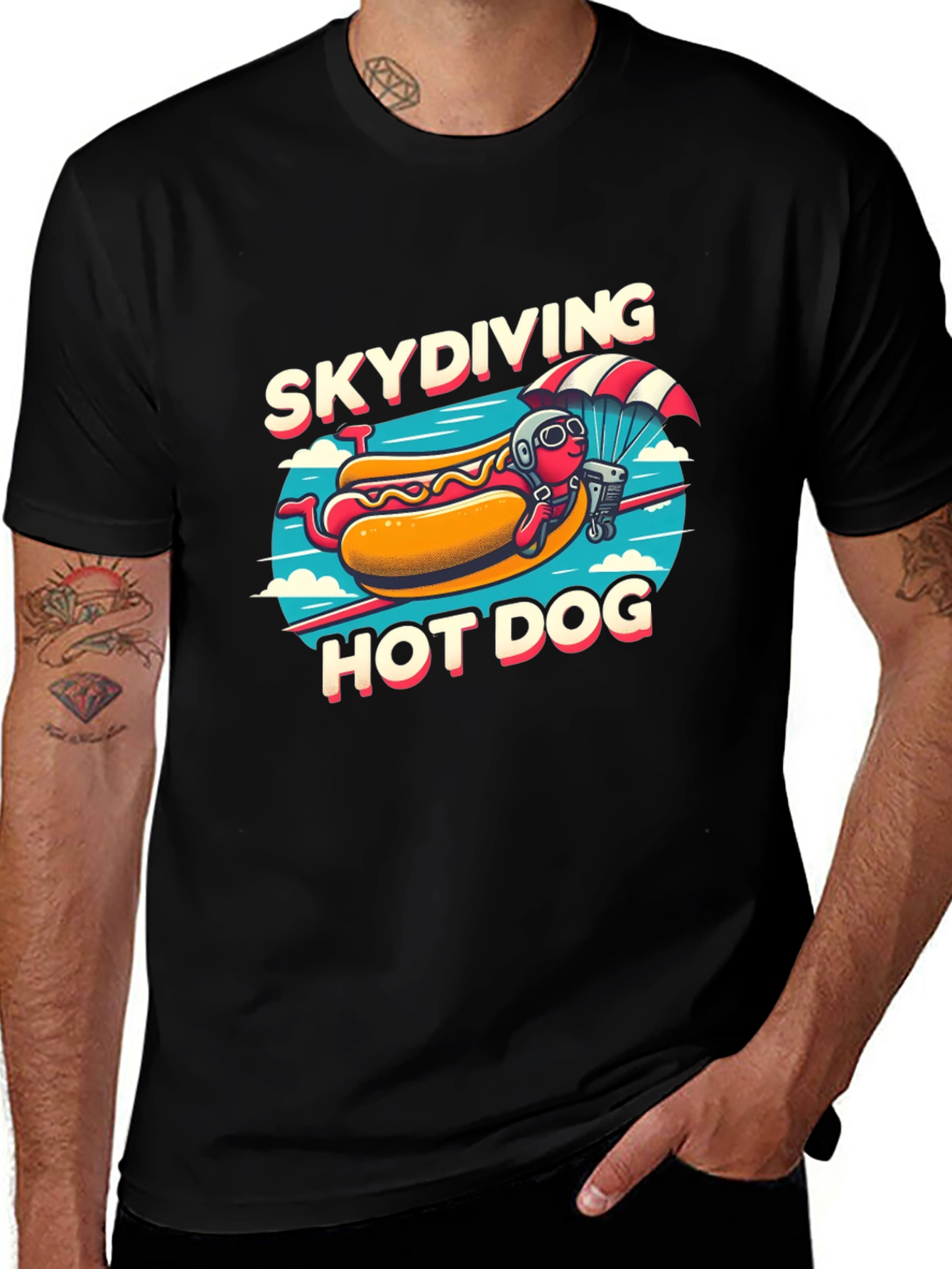 Skydiving Hot Dog T-Shirt - Funny Cartoon Tee
