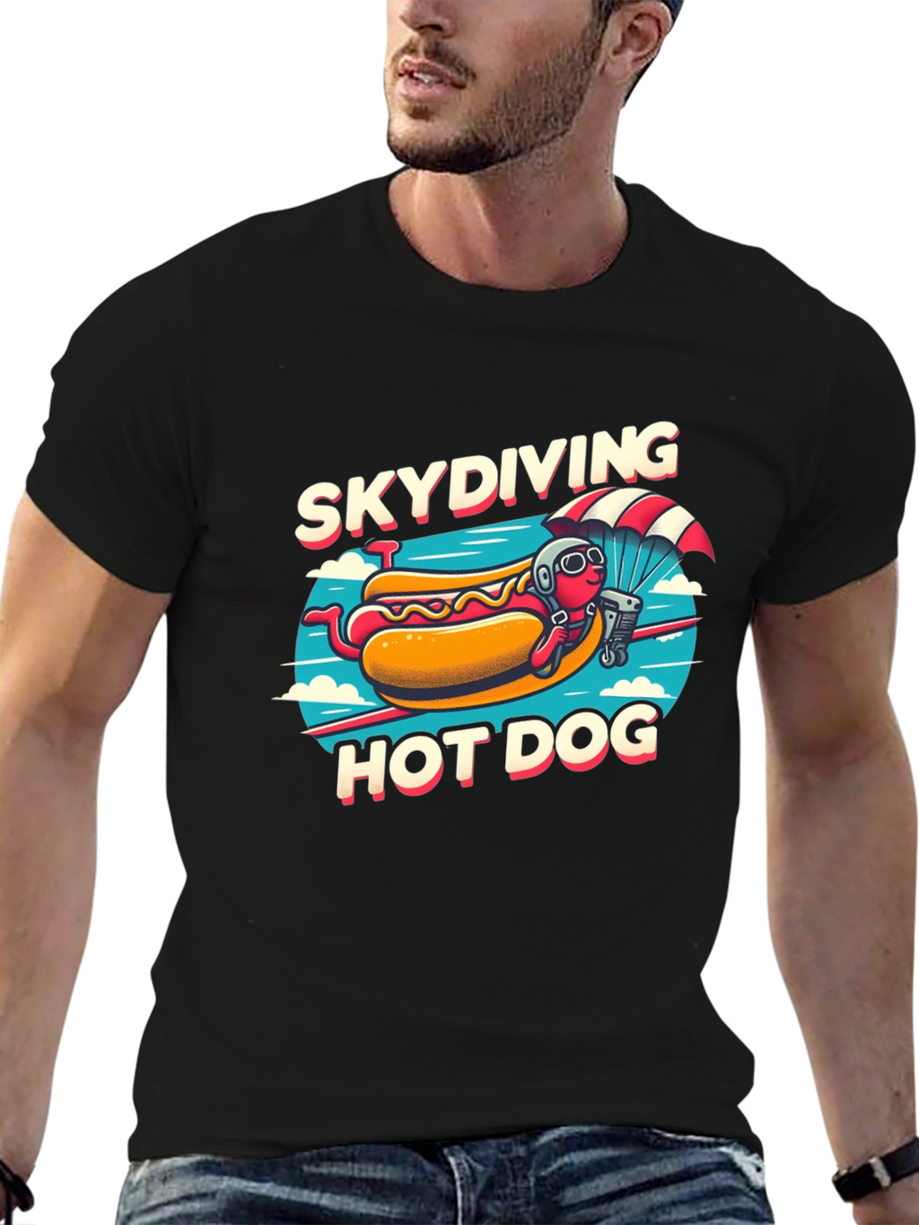 Skydiving Hot Dog T-Shirt - Funny Cartoon Tee