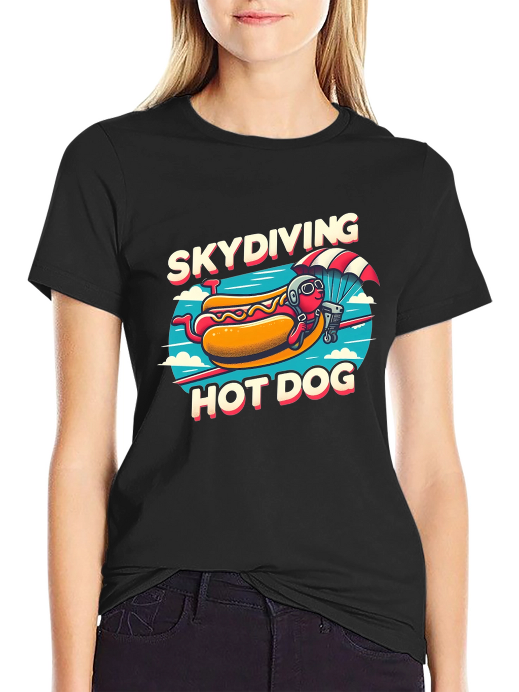 Skydiving Hot Dog T-Shirt - Funny Cartoon Tee