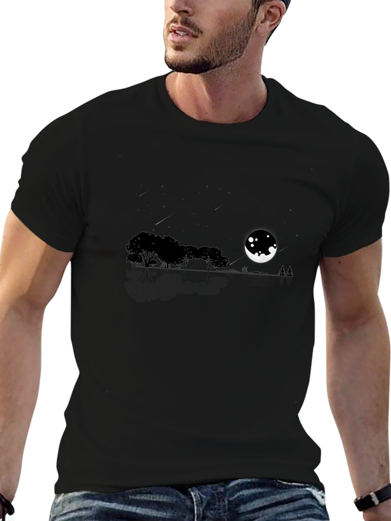 Mens Black Moonlit Landscape T-Shirt