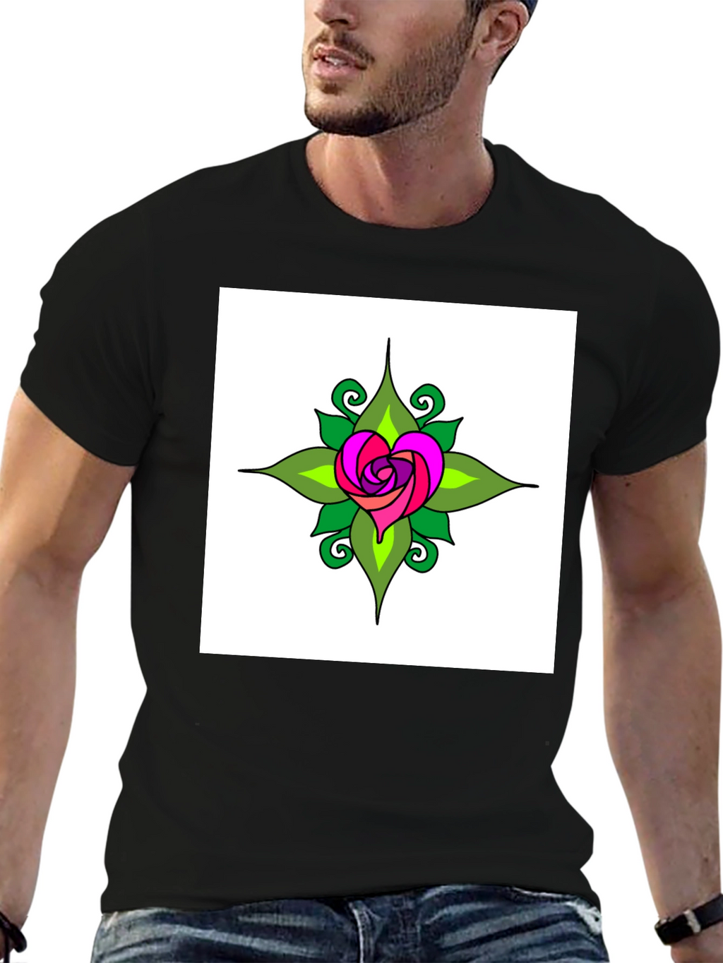 Heart Rose Graphic Tee - Black Cotton T-Shirt