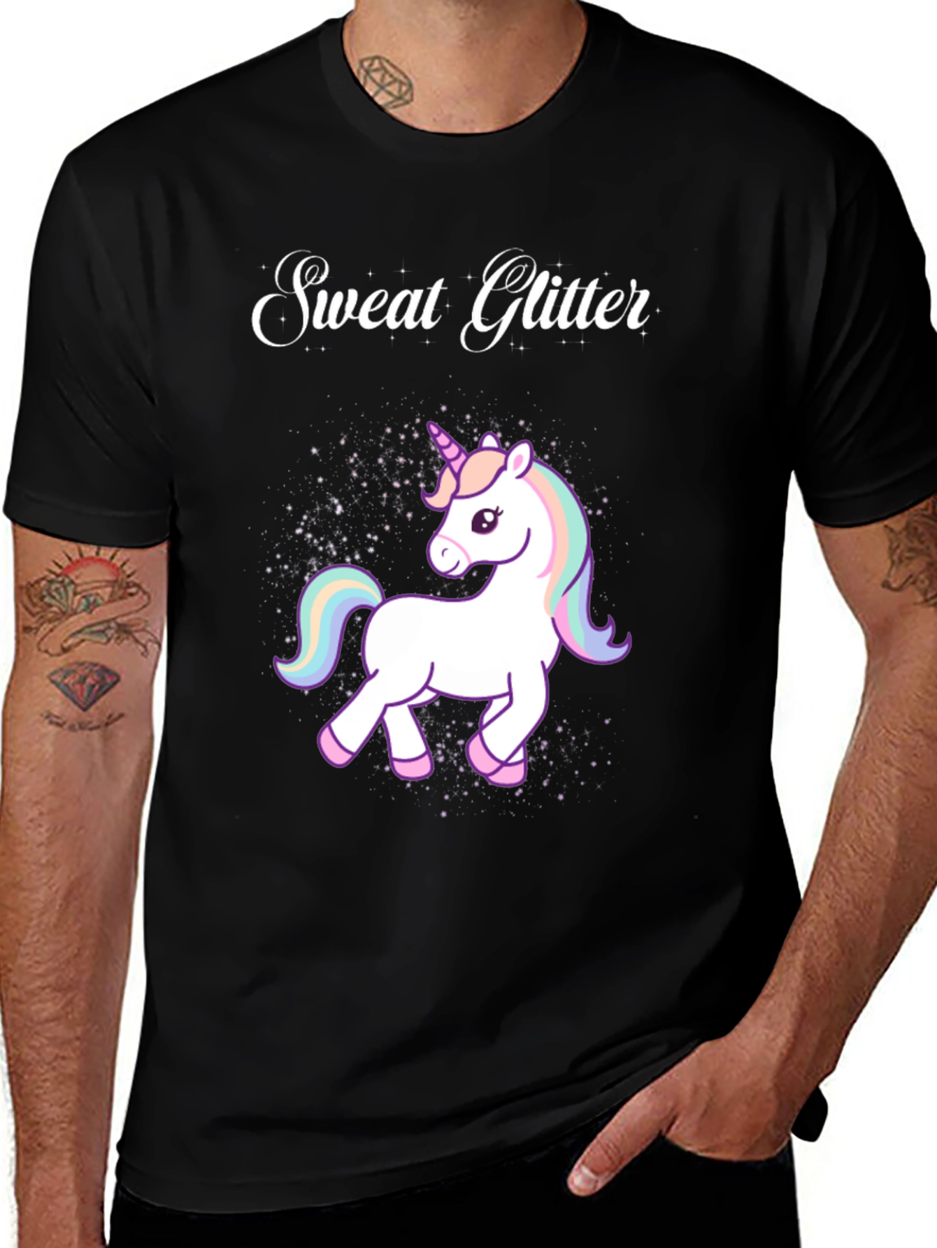 Sweat Glitter Unicorn Graphic Tee - Black Cotton Blend