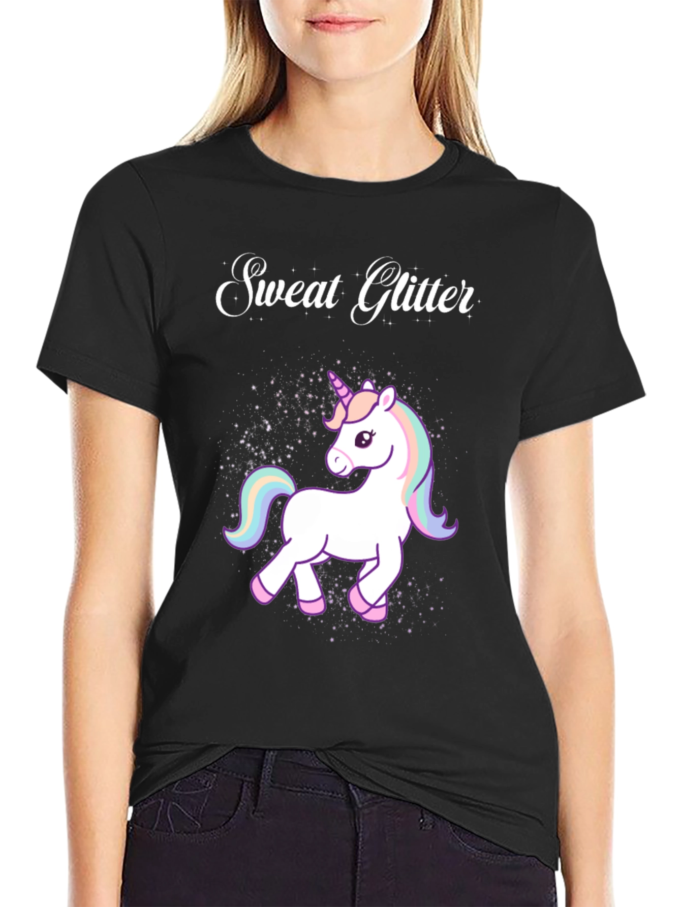 Sweat Glitter Unicorn Graphic Tee - Black Cotton Blend
