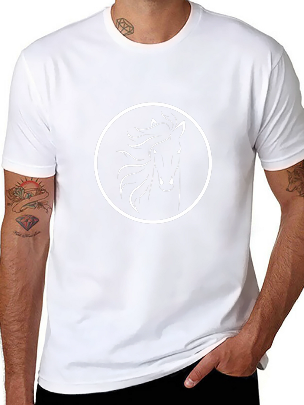 Black T-Shirt with White Horse Circle Design